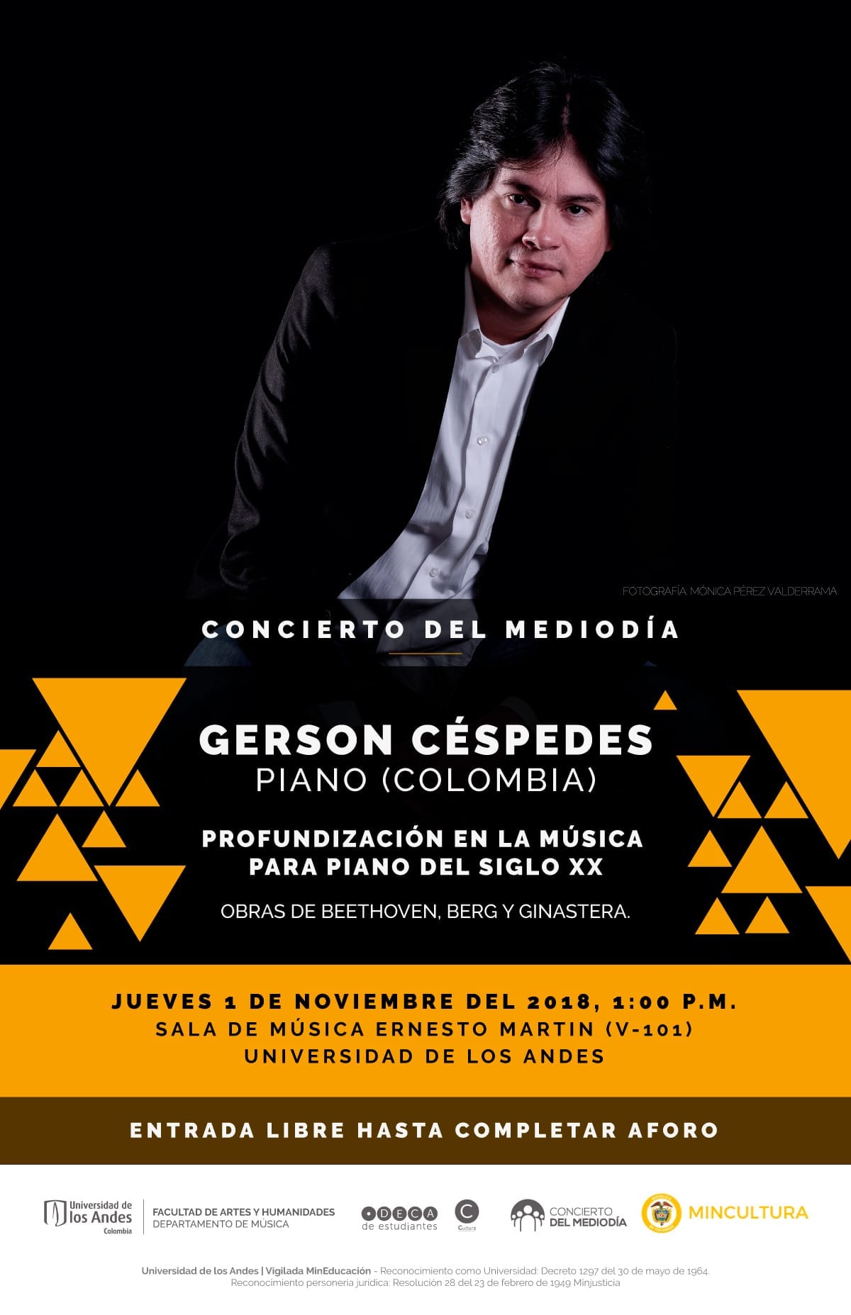Este jueves 1 de noviembre, a la 1:00 p.m.: Gerson Céspedes, piano (Colombia)
