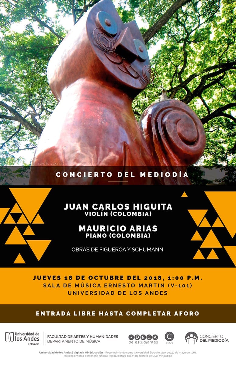 El jueves 18 de octubre, a la 1:00 p.m.: Juan C. Higuita, violín  y Mauricio Arias, piano.