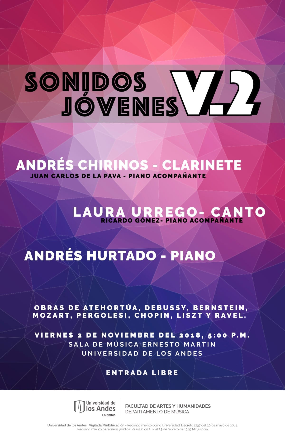 Andrés Chirinos, clarinete, Laura Urreo, canto y Andrés Hurtado, piano, se presentan en el segundo concierto de la serie Sonidos Jóvenes.