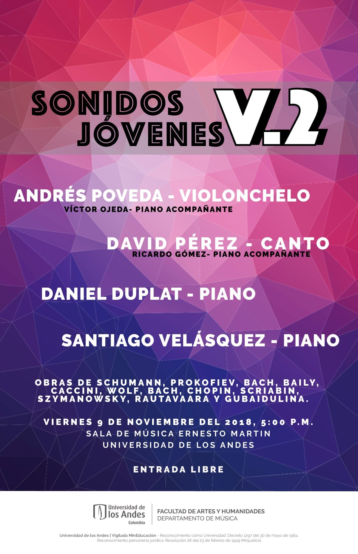 Andrés Poveda, violonchelo, David Pérez, canto, Daniel Duplat, piano y Santiago Velásquez, piano, se presentan en el tercer concierto de Sonidos Jóvenes.