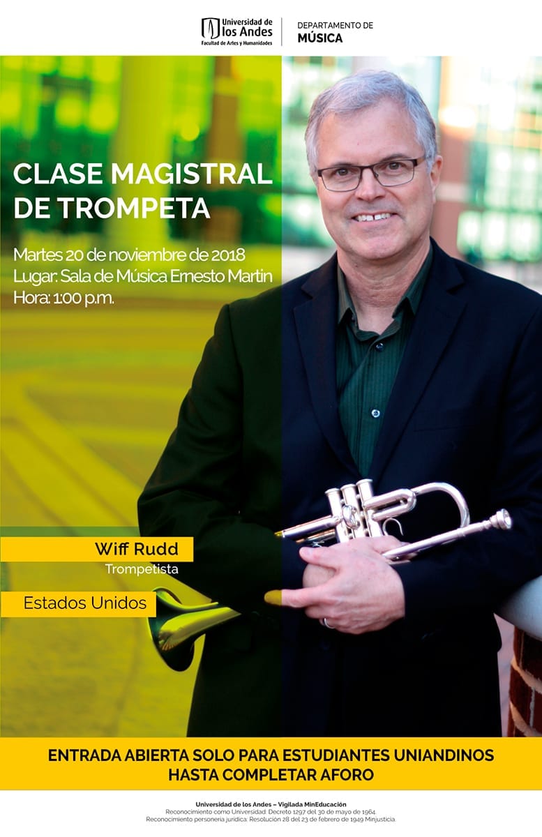El martes 20 de noviembre, a las 12:00 m.: Clase magistral de trompeta con el maestro Wiff Rudd.