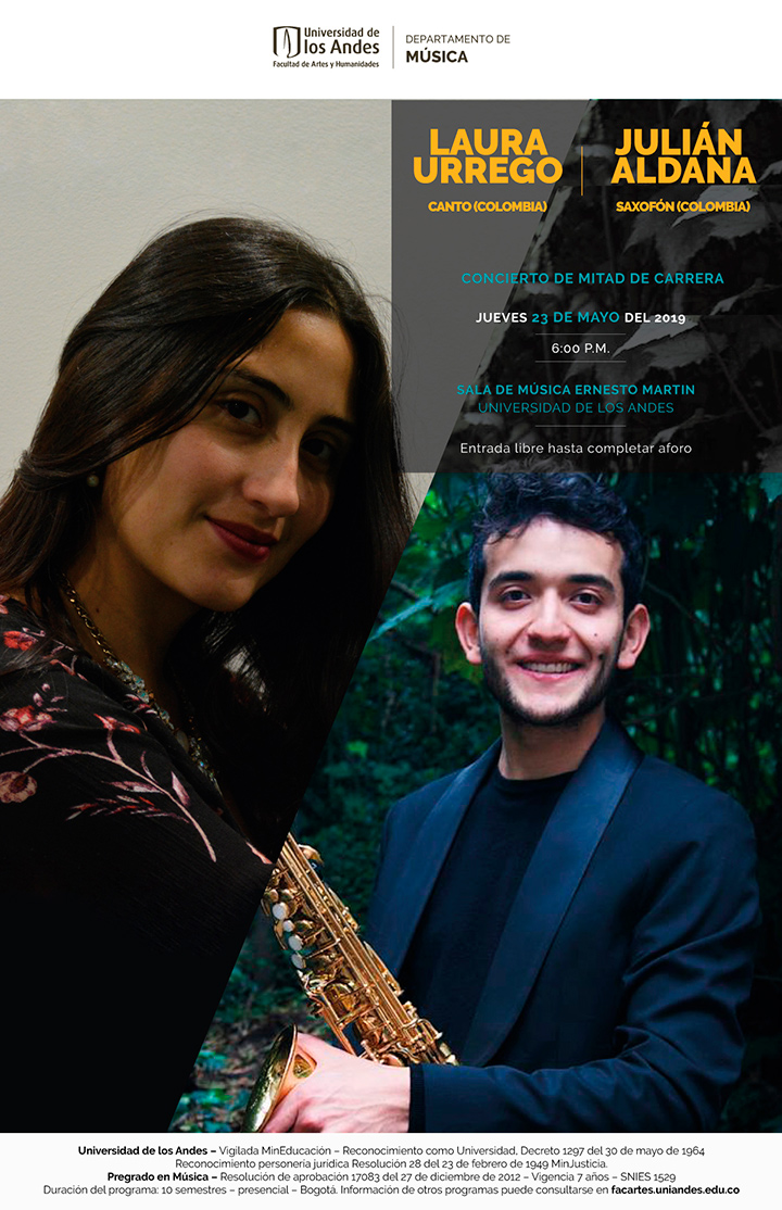Concierto de mitad de carrera: Laura Urrego (canto) y Julián Aldana (saxofón)