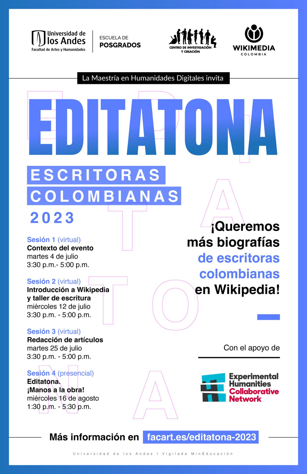La Maestría en Humanidades Digitales invita a la Editatona. ¡Queremos más biografías de escritoras colombianas en Wikipedia!