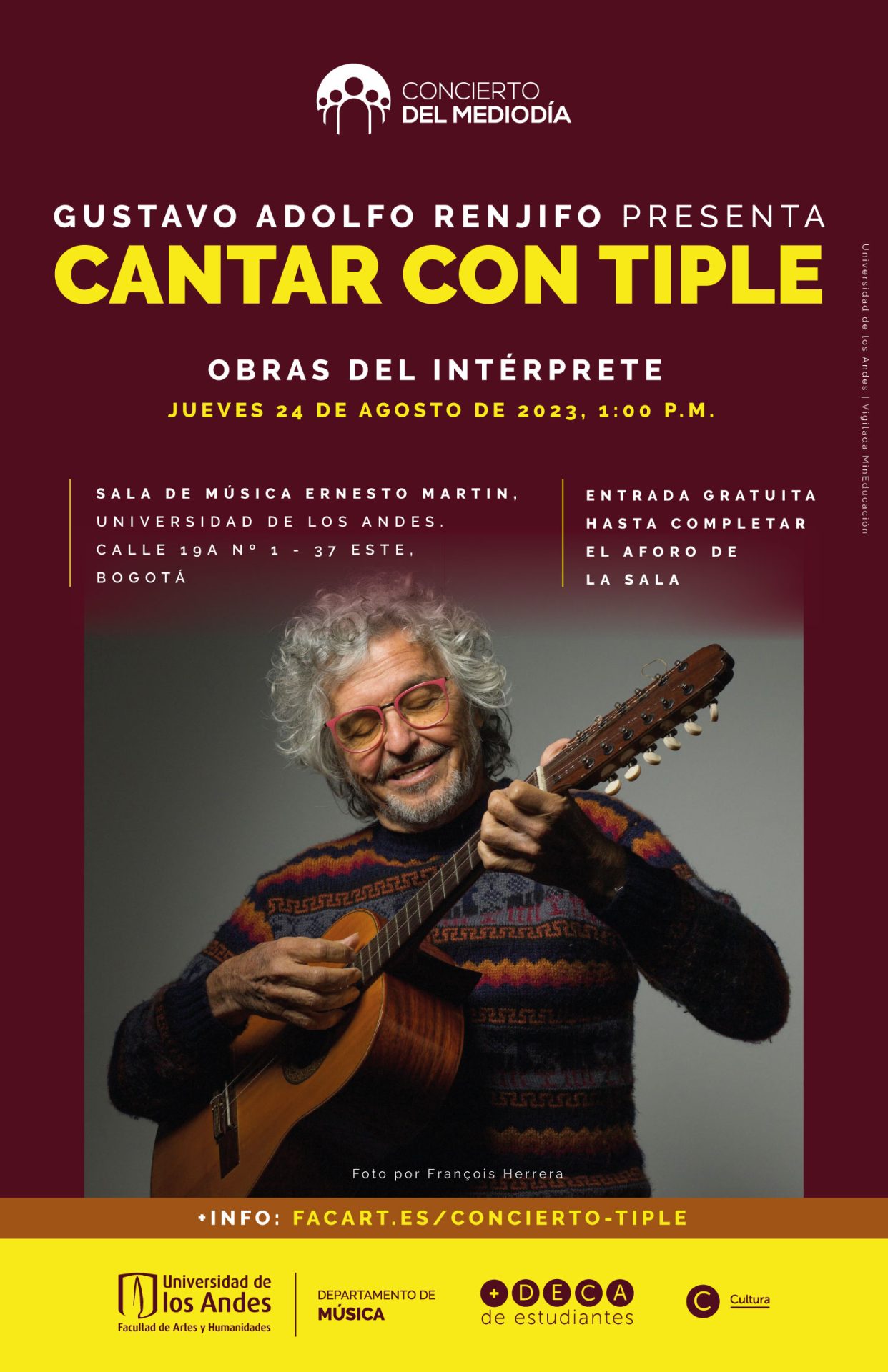 Jueves 24 de agosto de 2023 a la 1:00 p.m. en la sala de música Ernesto Martin, Universidad de los Andes