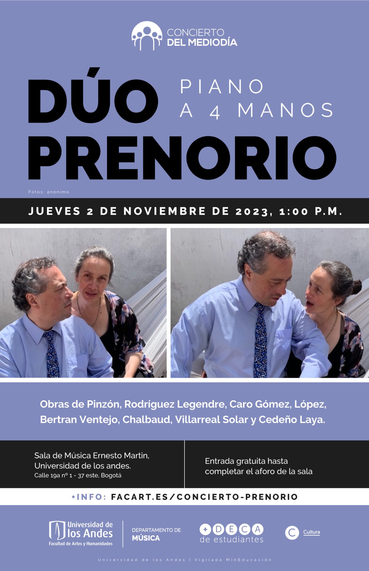 Jueves de 2 de noviembre de 2023 a la 1:00 p.m. en la sala de música Ernesto Martin, Universidad de los Andes
