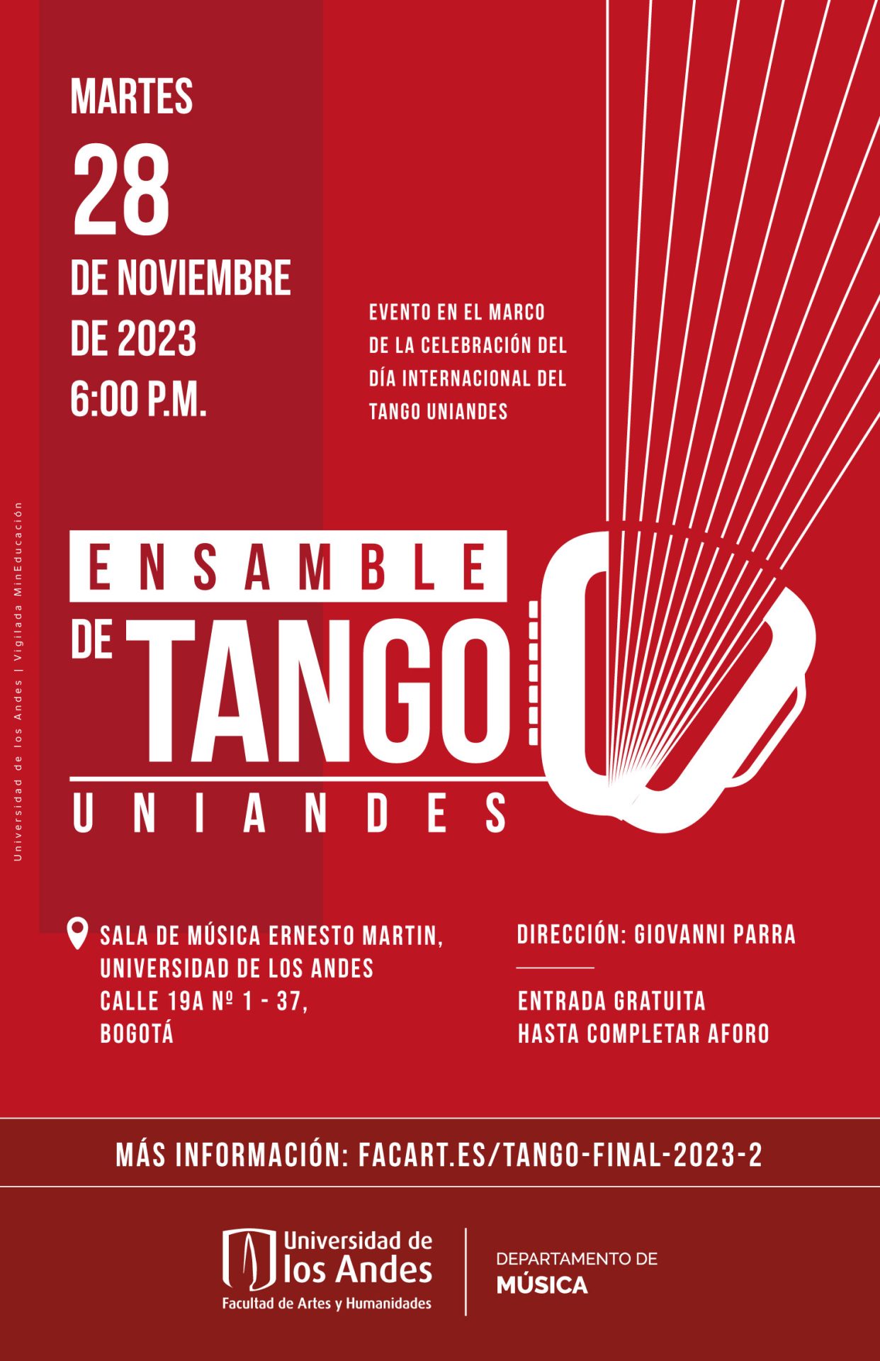 Martes 28 de noviembre de 2023 a las 6:00 p.m. en la sala de música Ernesto Martin, Universidad de los Andes