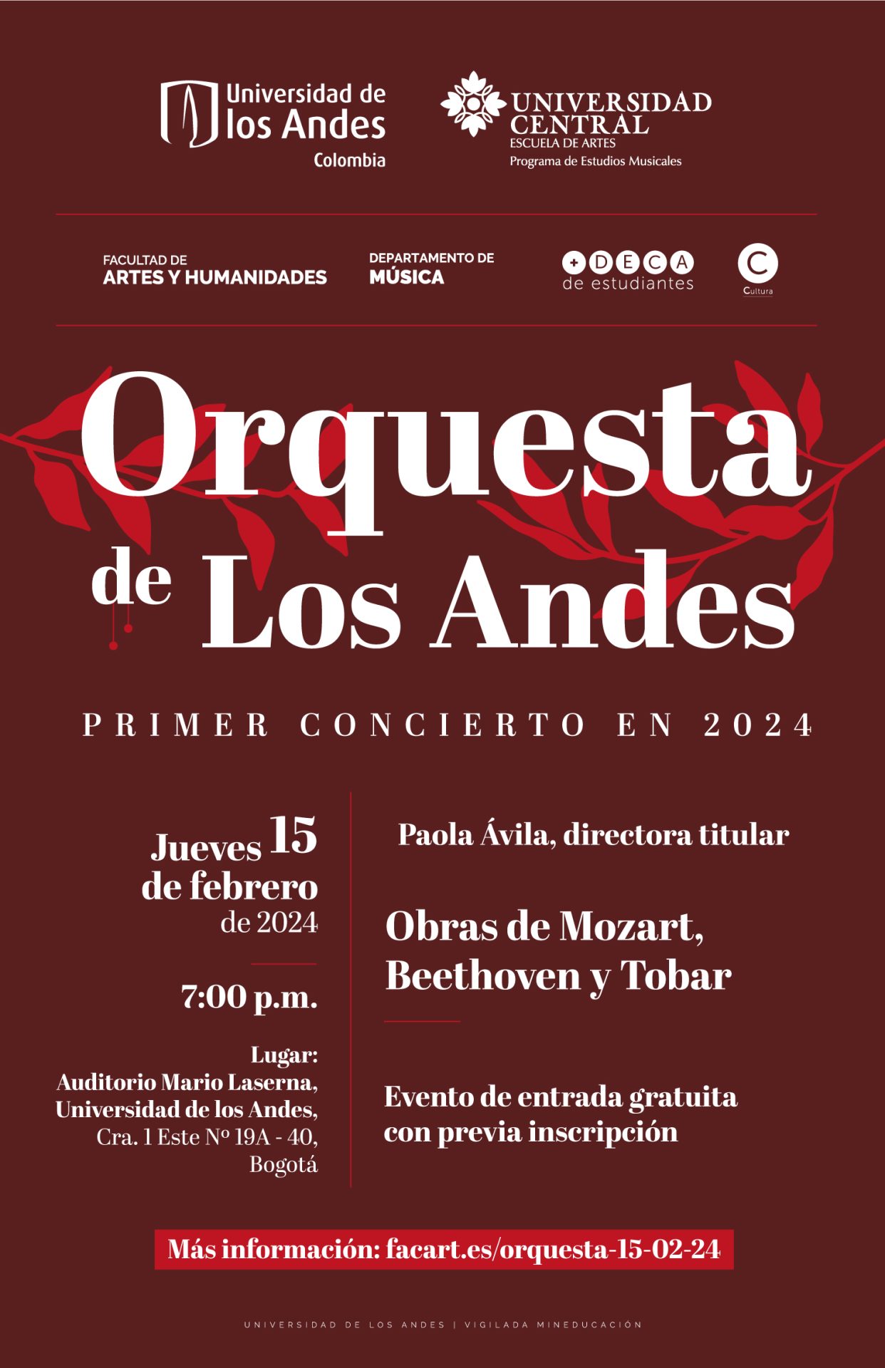 Jueves 15 de febrero de 2024 a las 7:00 p.m. en el Auditorio Mario Laserna, Universidad de los Andes