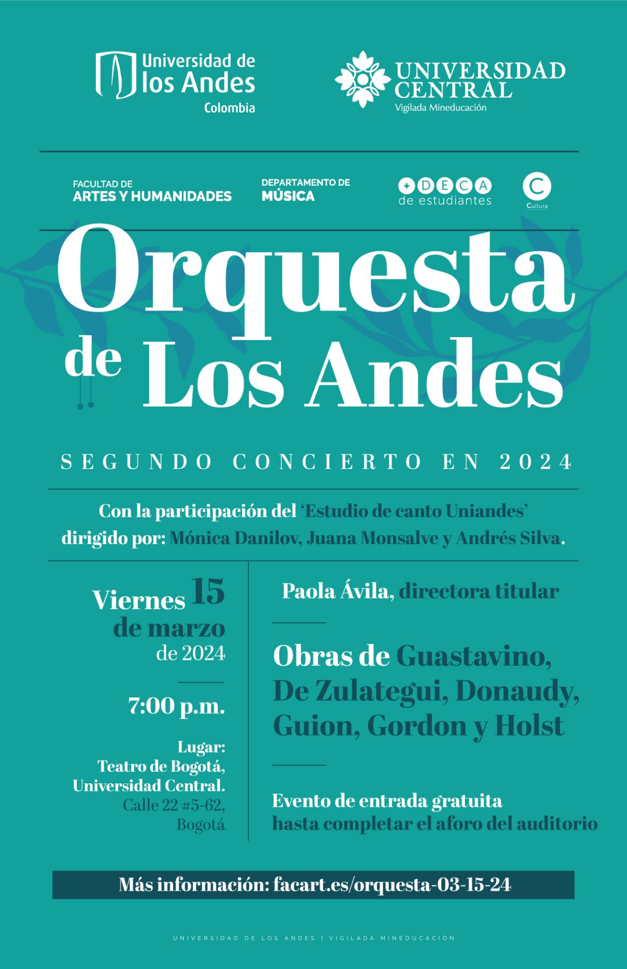 Viernes 15 de marzo de 2024 a las 7:00 p.m. en el Teatro de Bogotá, Universidad Central