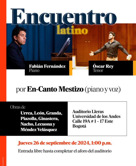 Concierto del mediodía: Encuentro latino por En-Canto Mestizo (piano y voz), jueves 26 de septiembre a la 1:00 p.m. en el Auditorio Lleras