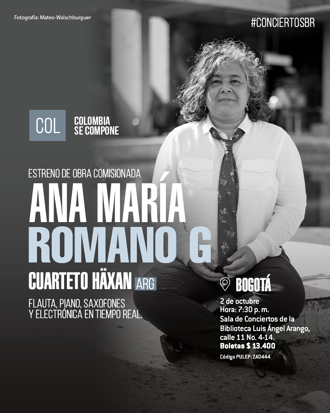 Estreno de obra comisionada: Ana María Romano Gómez el próximo miércoles 2 de octubre de 2024 a las 7:30 p.m. en la Sala de conciertos, Biblioteca Luis Ángel Arango