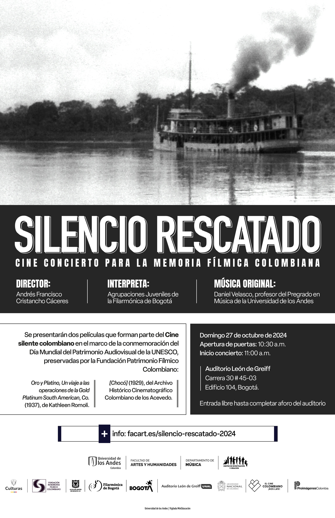 Queremos invitarles al cine concierto: Silencio rescatado, domingo 27 de octubre de 2024 a las 11:00 a.m. en el Auditorio León de Greiff