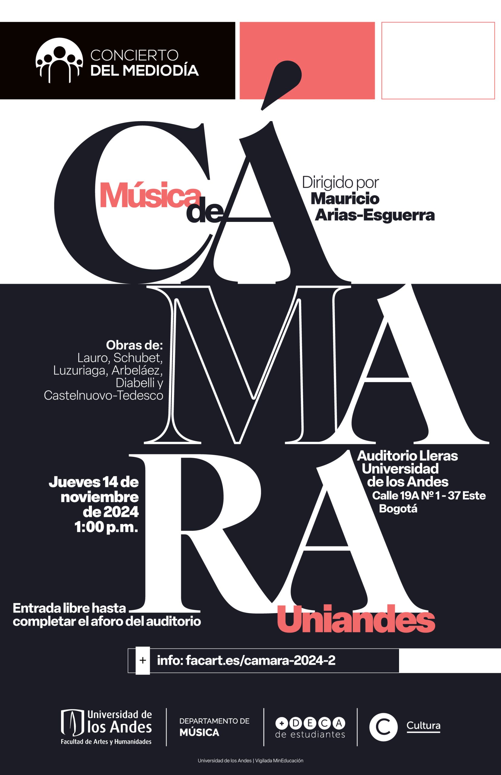 Concierto del mediodía: Música de cámara Uniandes, jueves 14 de noviembre a la 1:00 p.m. en el Auditorio Lleras, Universidad de los Andes