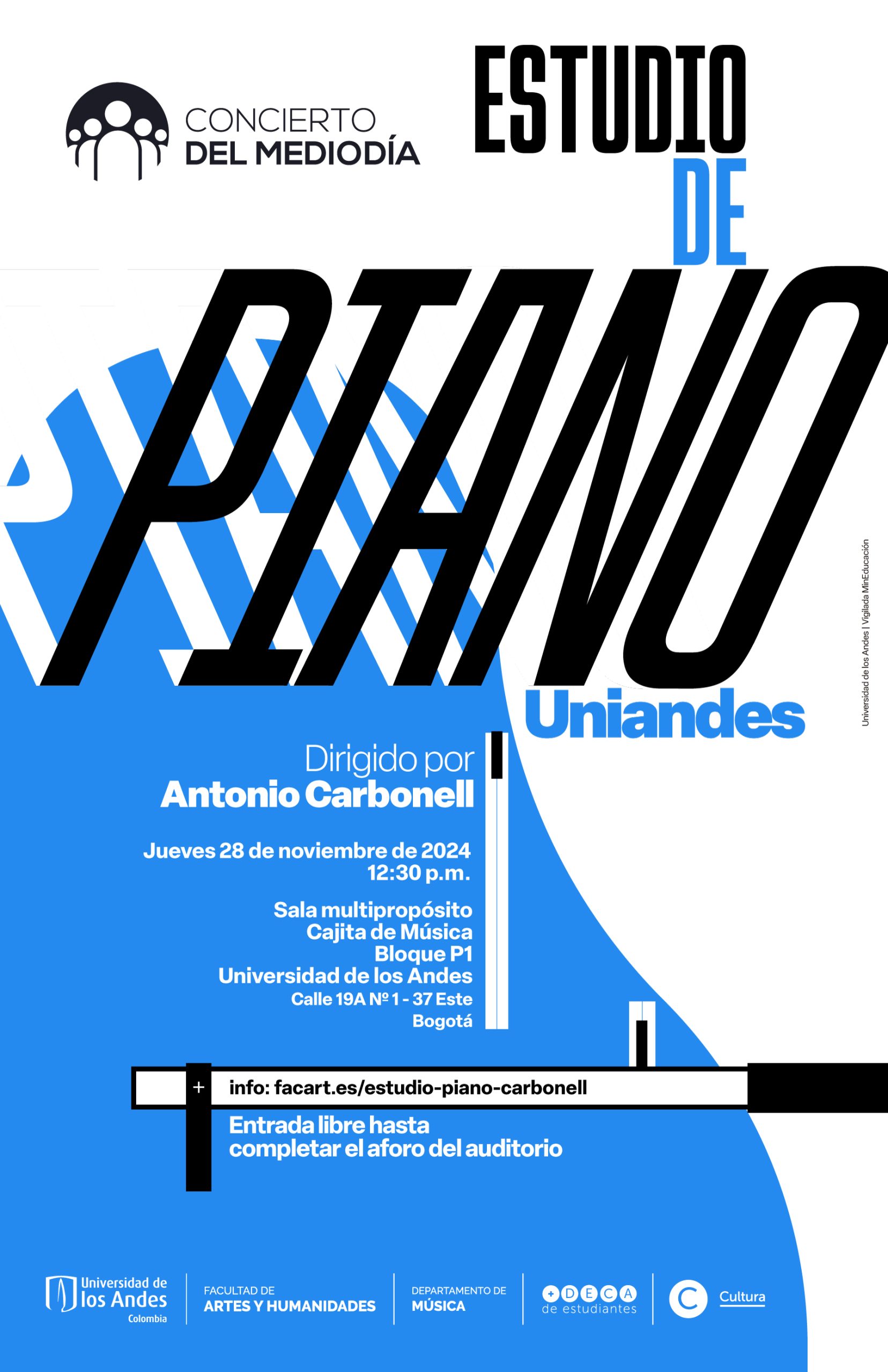 Concierto del mediodía: Estudio de piano Uniandes, jueves 28 de noviembre a la 12:30 p.m. en el La Cajita de música, Universidad de los Andes