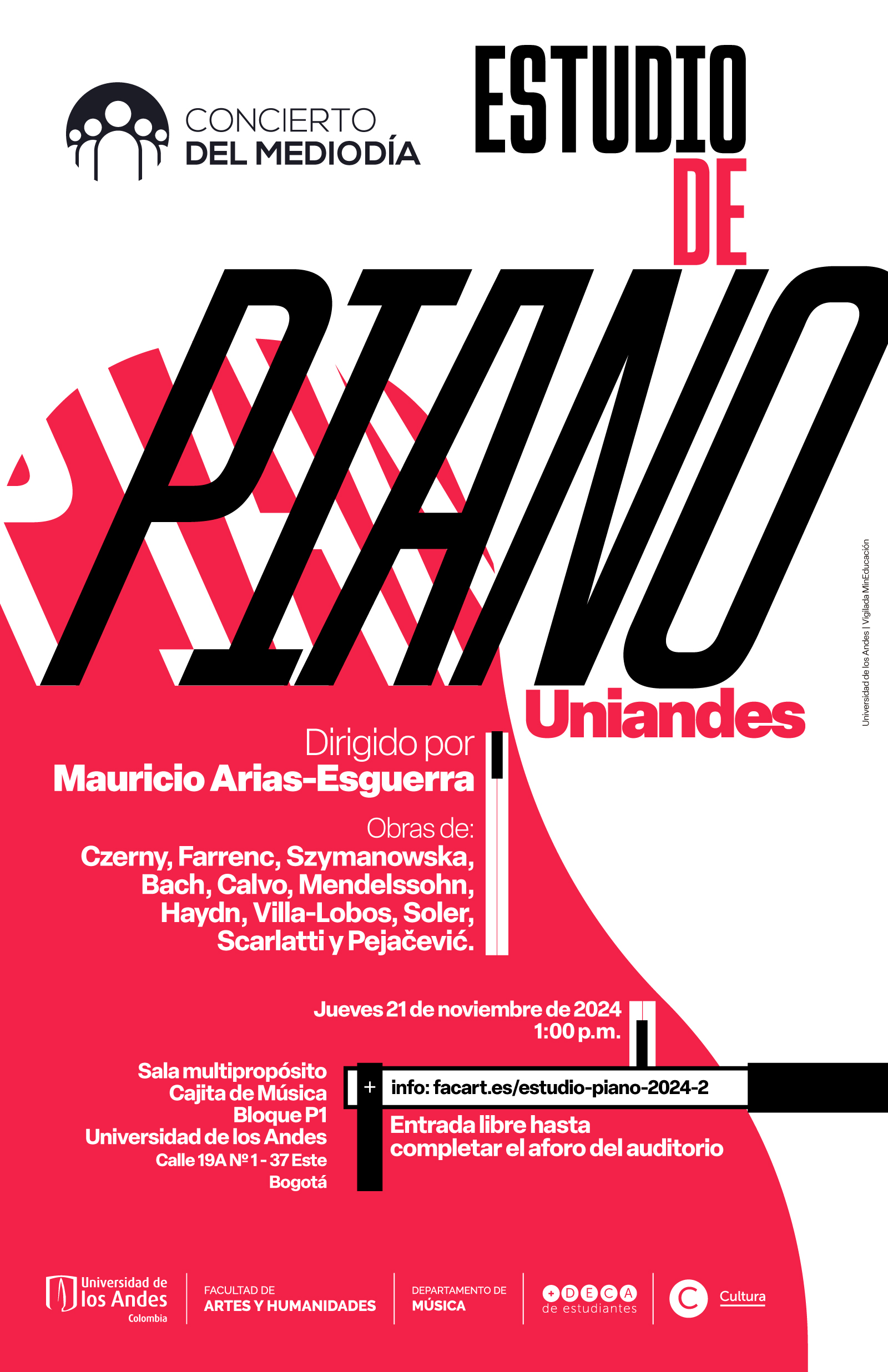 Concierto del mediodía: Estudio de piano Uniandes, jueves 21 de noviembre a la 1:00 p.m. en el La Cajita de música, Universidad de los Andes