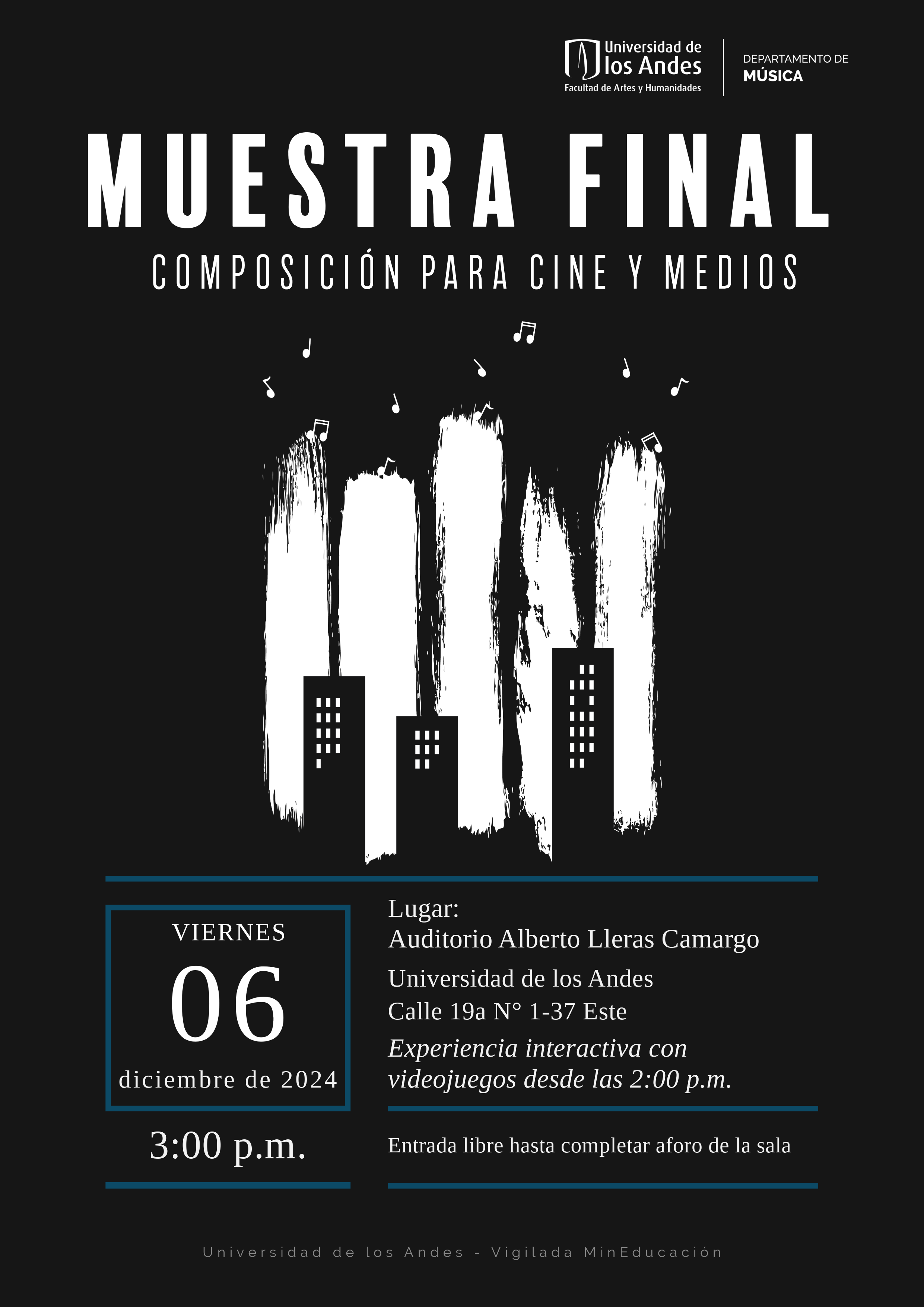 Muestra final de 'Cine y medios' en 2024-2: viernes 6 de diciembre de 2024 a las 2:00 p.m. en el Auditorio Lleras, Universidad de los Andes