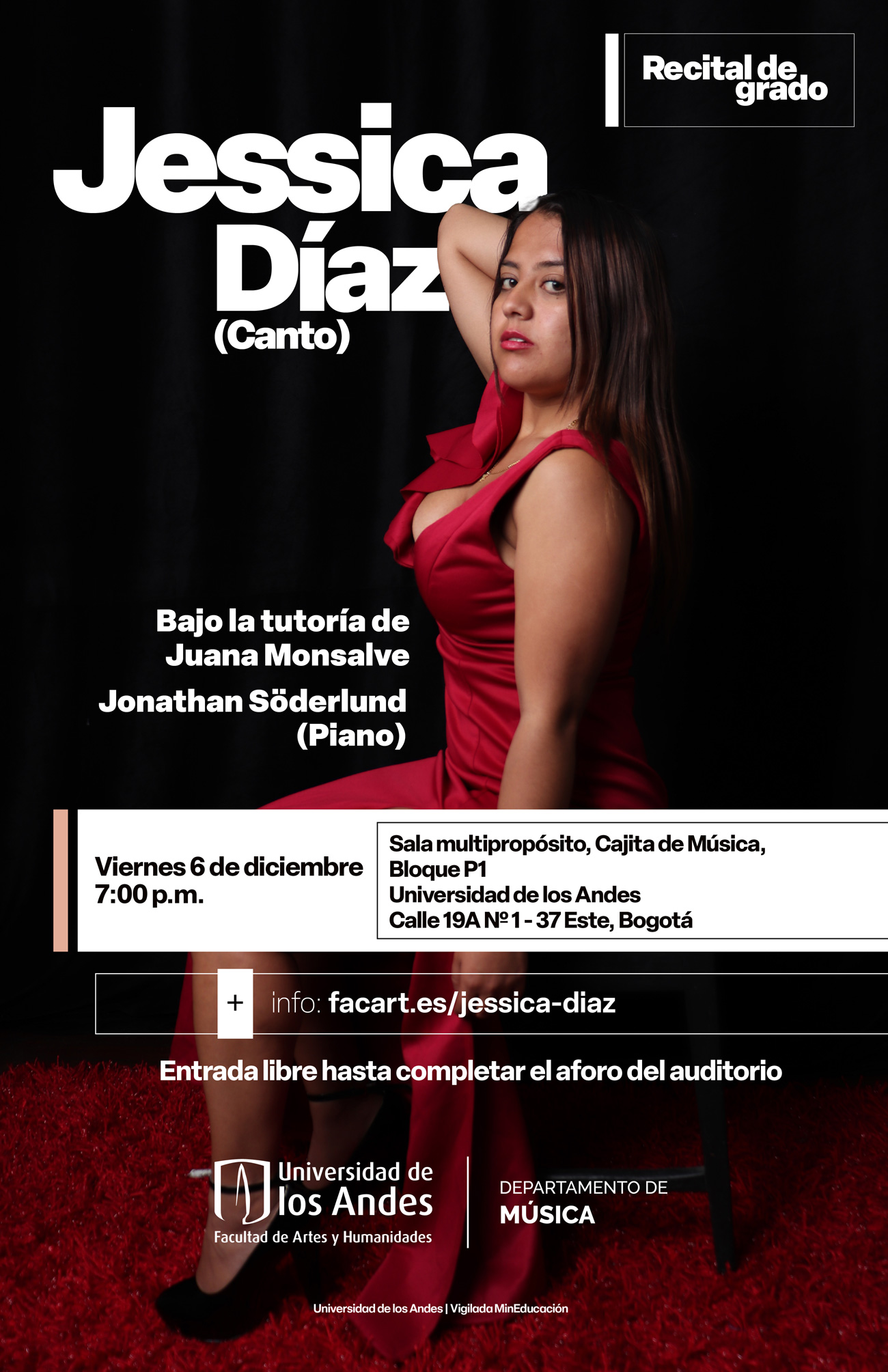 Queremos invitarles al Recital de grado: Jessica Díaz (canto) el viernes 6 de diciembre de 2024 a las 7:00 p.m. - Cajita de Música Uniandes