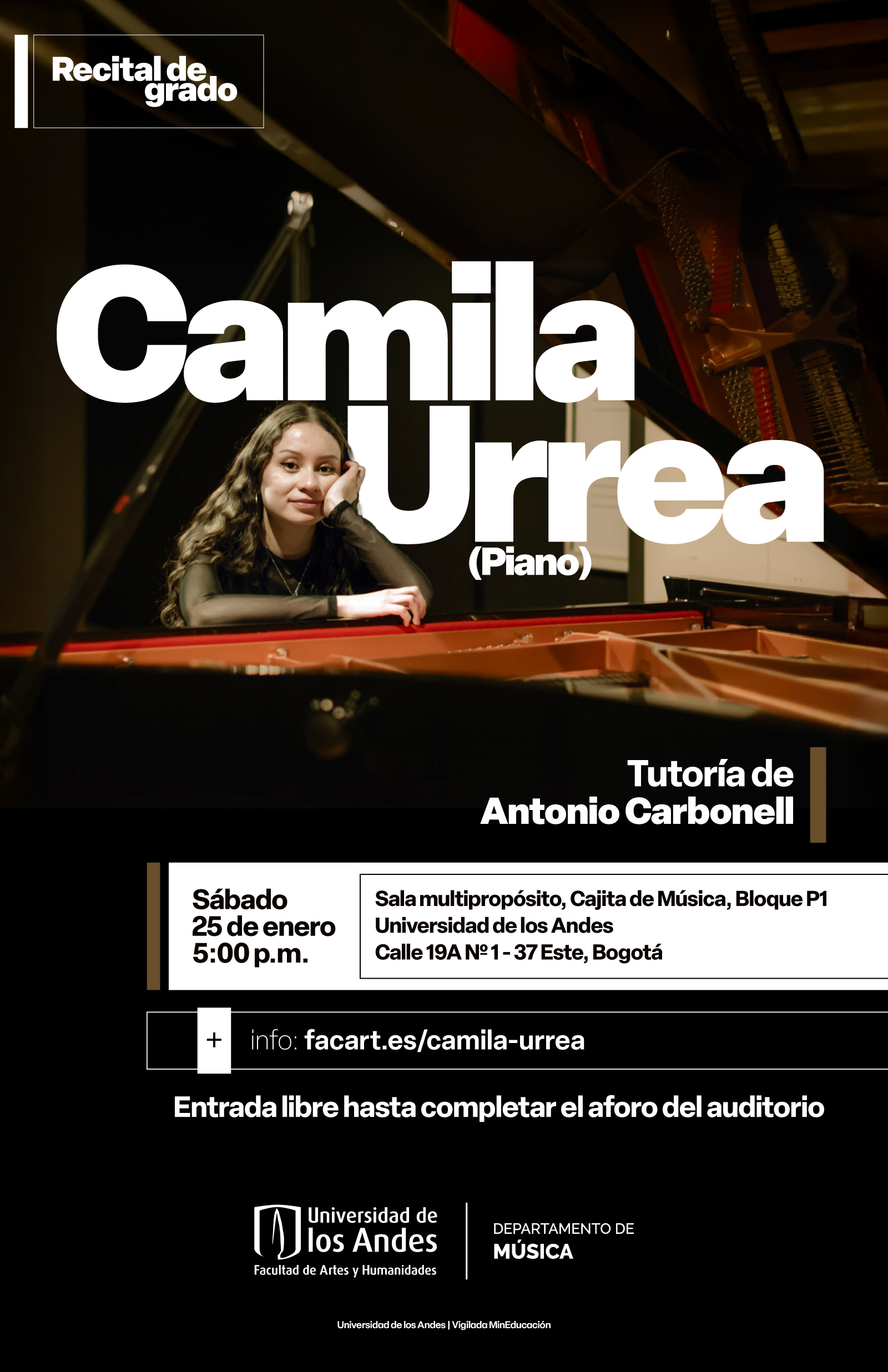 Recitales en 2025-1: Camila Urrea (piano), próximo sábado 25 de enero de 2024 a las 5:00 p.m. en la Cajita de Música (Bloque P1)