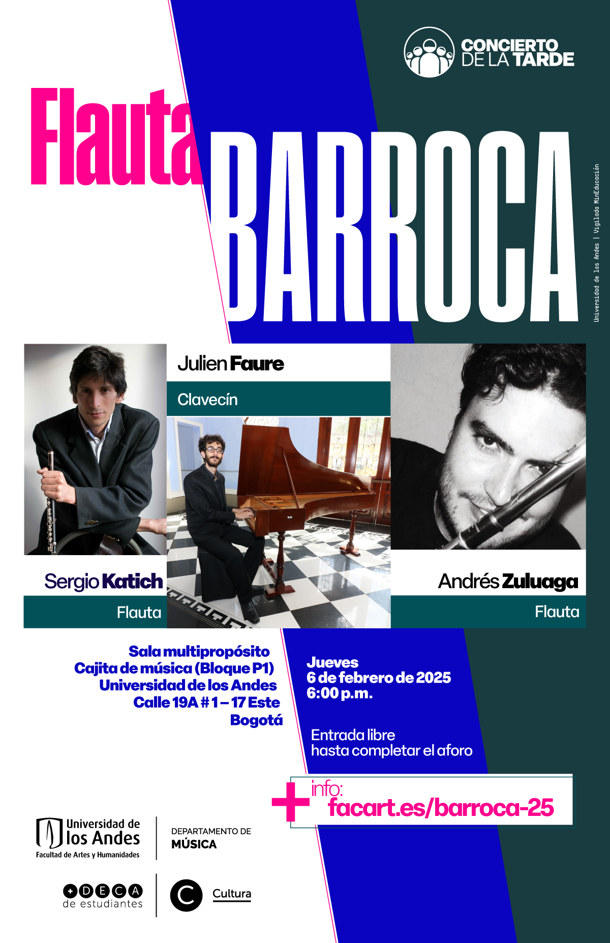 Concierto del Tarde: Flautas Barrocas, jueves 6 de febrero a las 6:00 p.m. en la Cajita de música, Universidad de los Andes