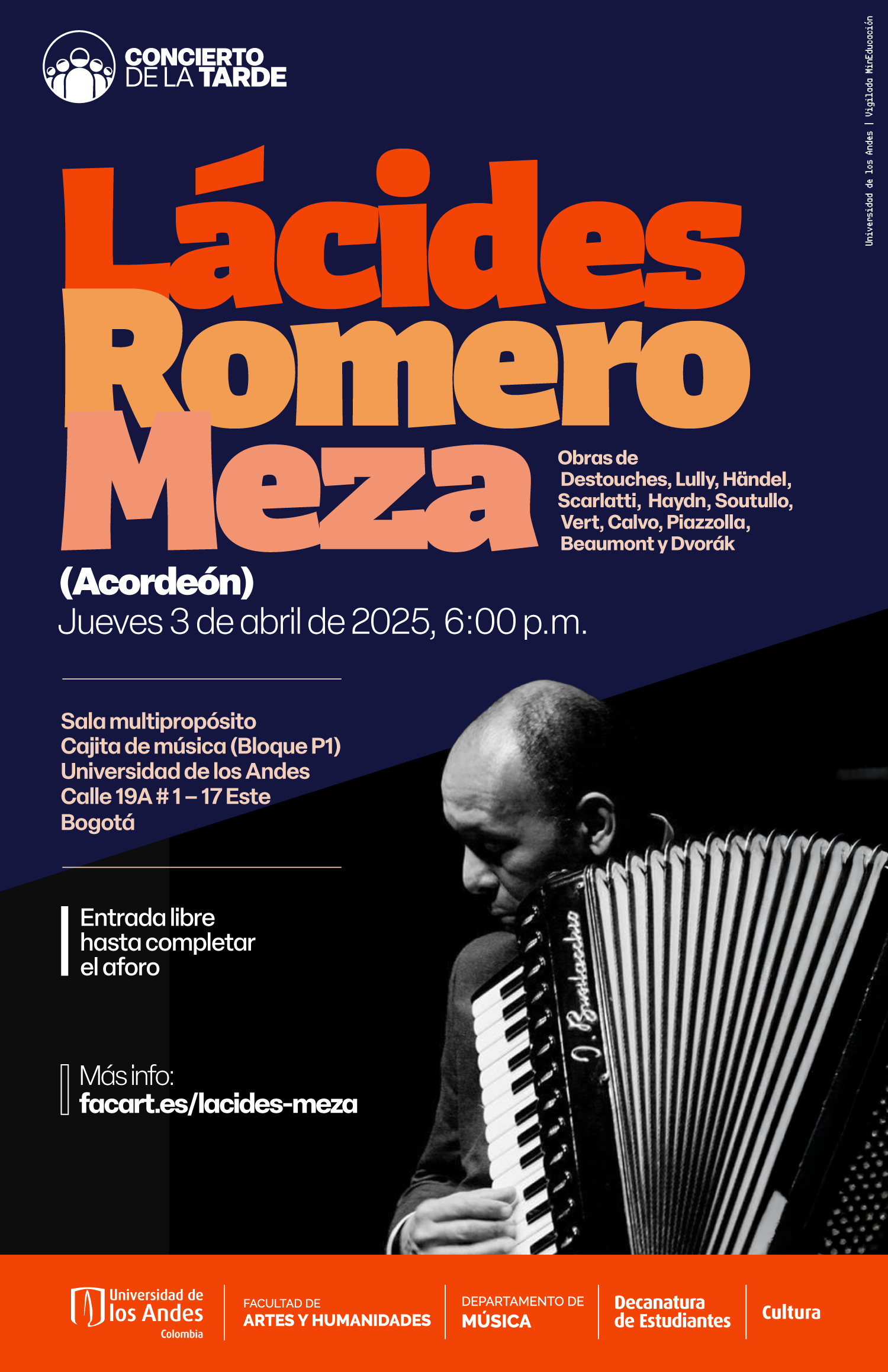 Concierto de la Tarde: Lácides Romero Meza (acordeón), jueves 3 de abril de 2025 a las 6:00 p.m. en la Cajita de música