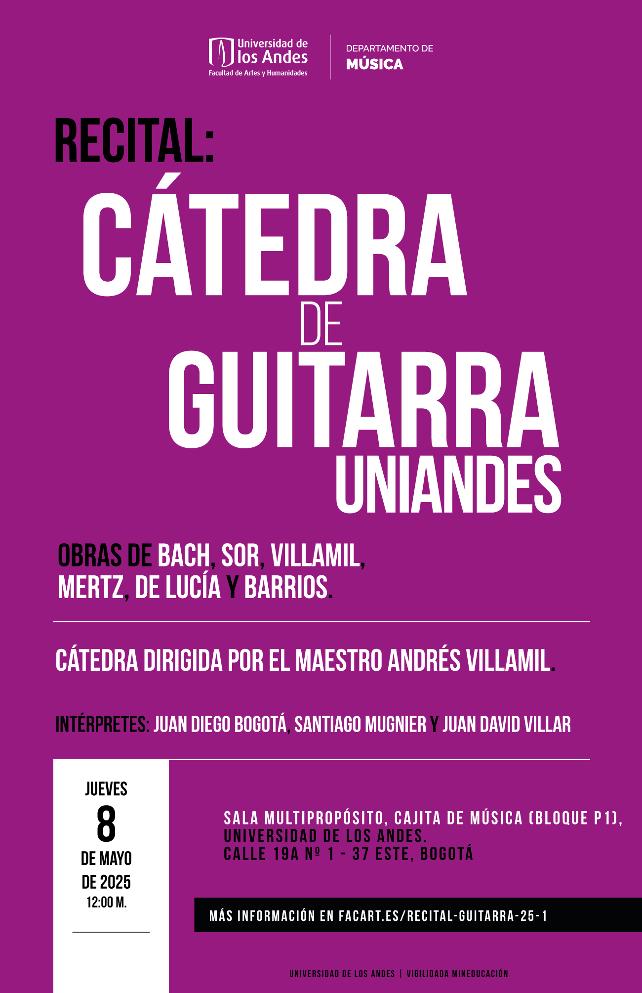 Recital: Cátedra de guitarra Uniandes, próximo jueves 8 de mayo de 2025 a las 12:00 m. en la Cajita de música - Universidad de los Andes