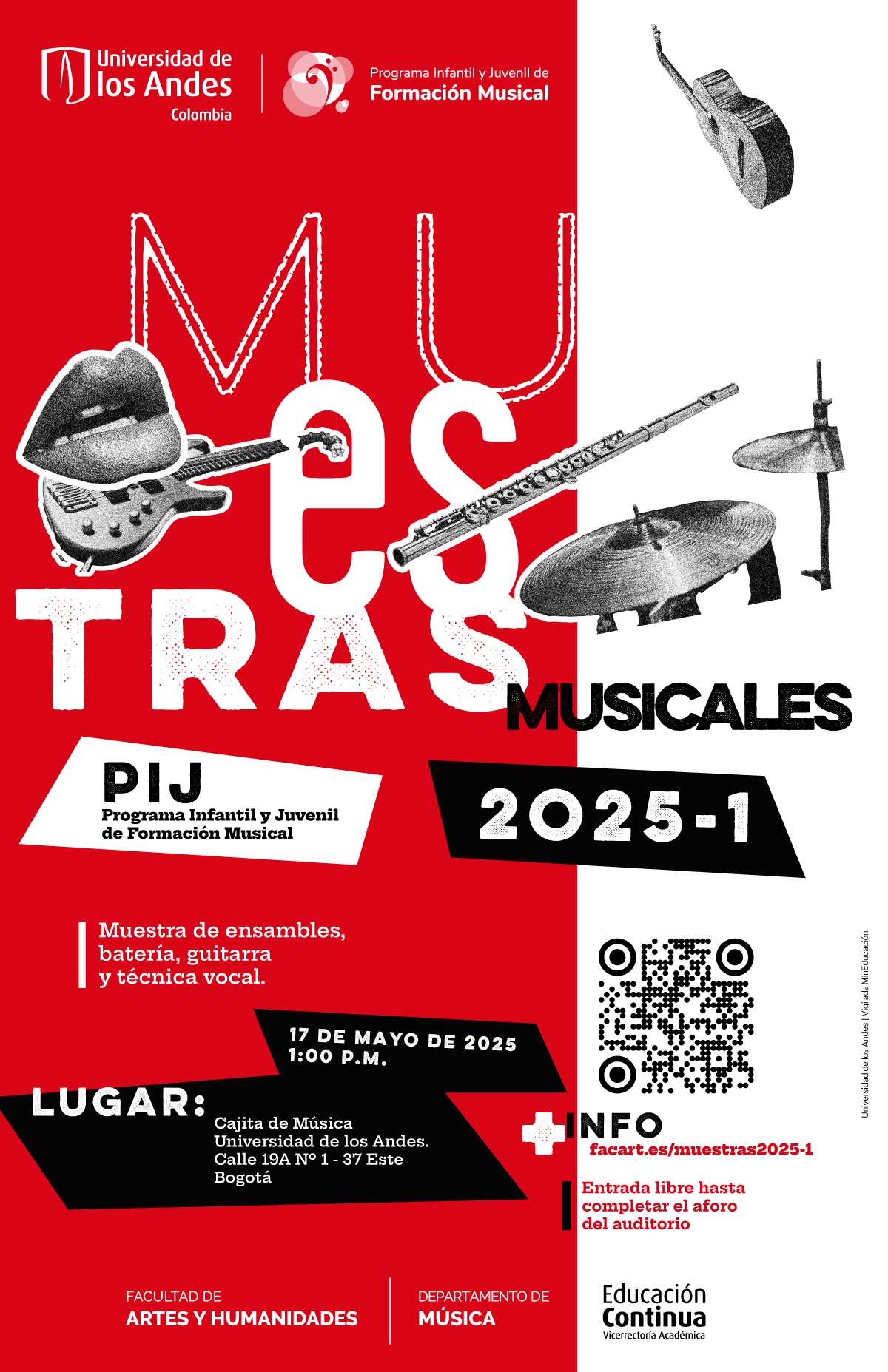Muestras musicales del PIJ: ensambles, batería, bajo, técnica vocal y , sábado 17 de mayo de 2025 a la 1:00 p.m. - Música Uniandes