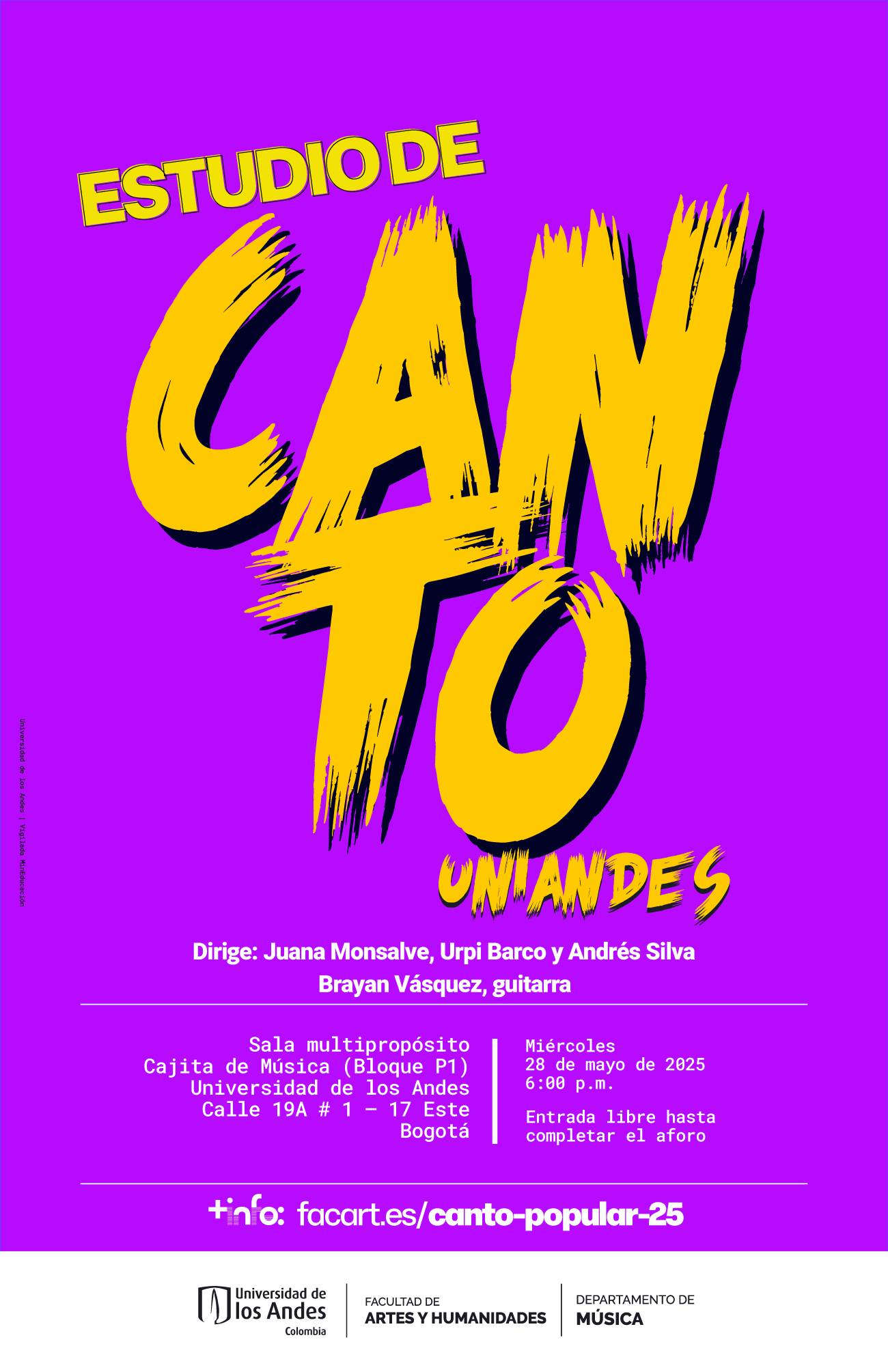 Estudio de Canto Uniandes en 2025-1: próximo miércoles 28 de mayo de 2025 en la Cajita de música, Universidad de los Andes