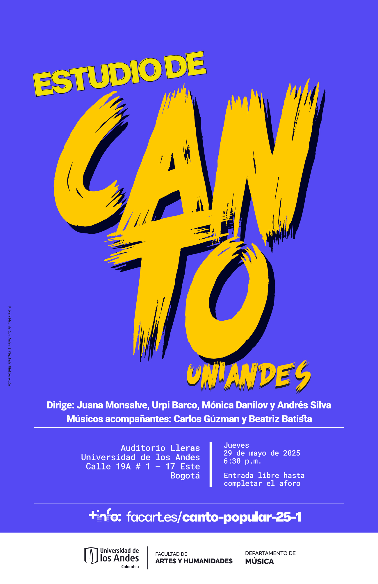 Estudio de Canto Uniandes en 2025-1: próximo jueves 29 de mayo de 2025 en la Cajita de música, Universidad de los Andes