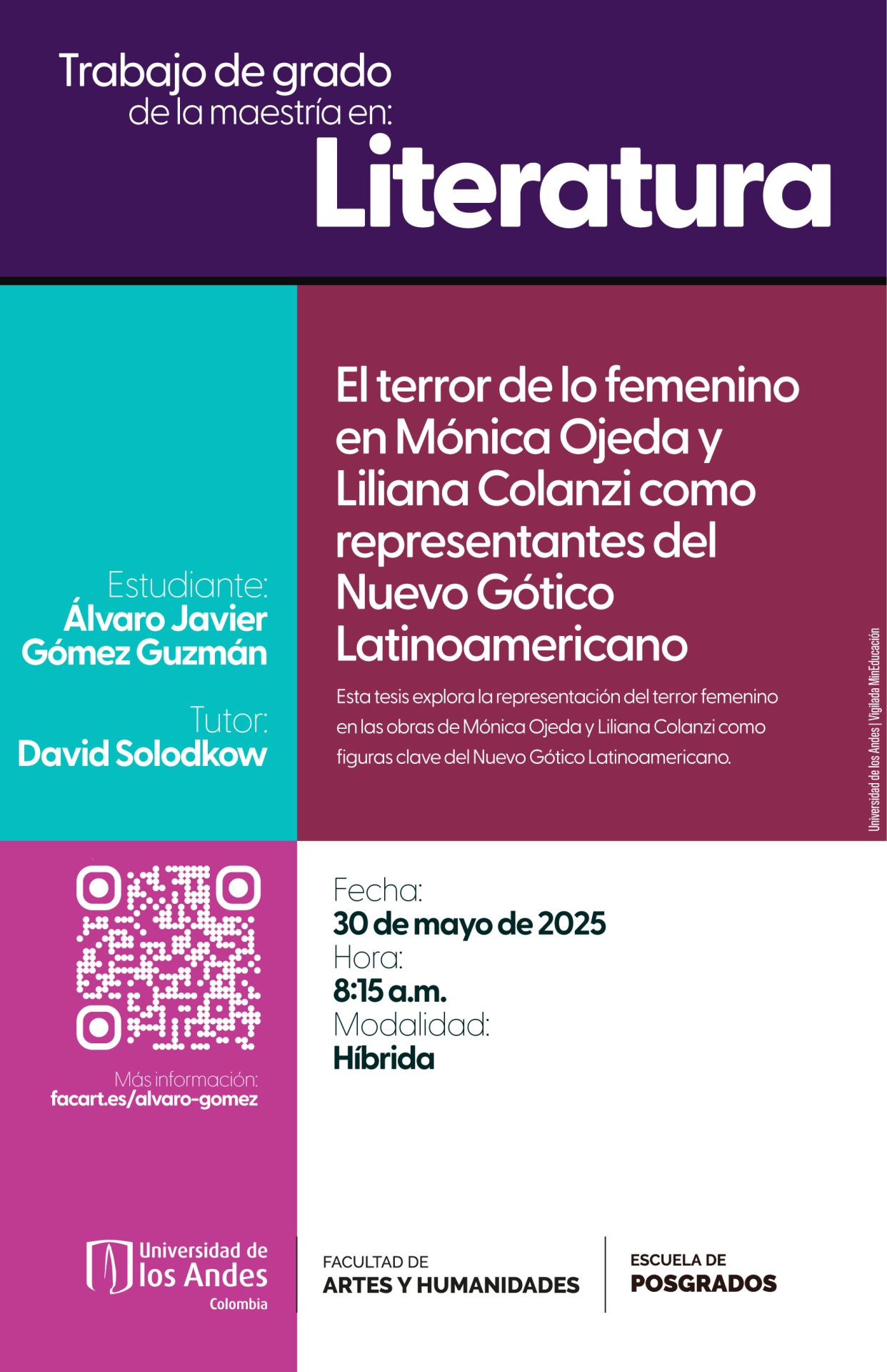 Esta tesis explora la representación del terror femenino en las obras de Mónica Ojeda y Liliana Colanzi como figuras clave del Nuevo Gótico Latinoamericano.