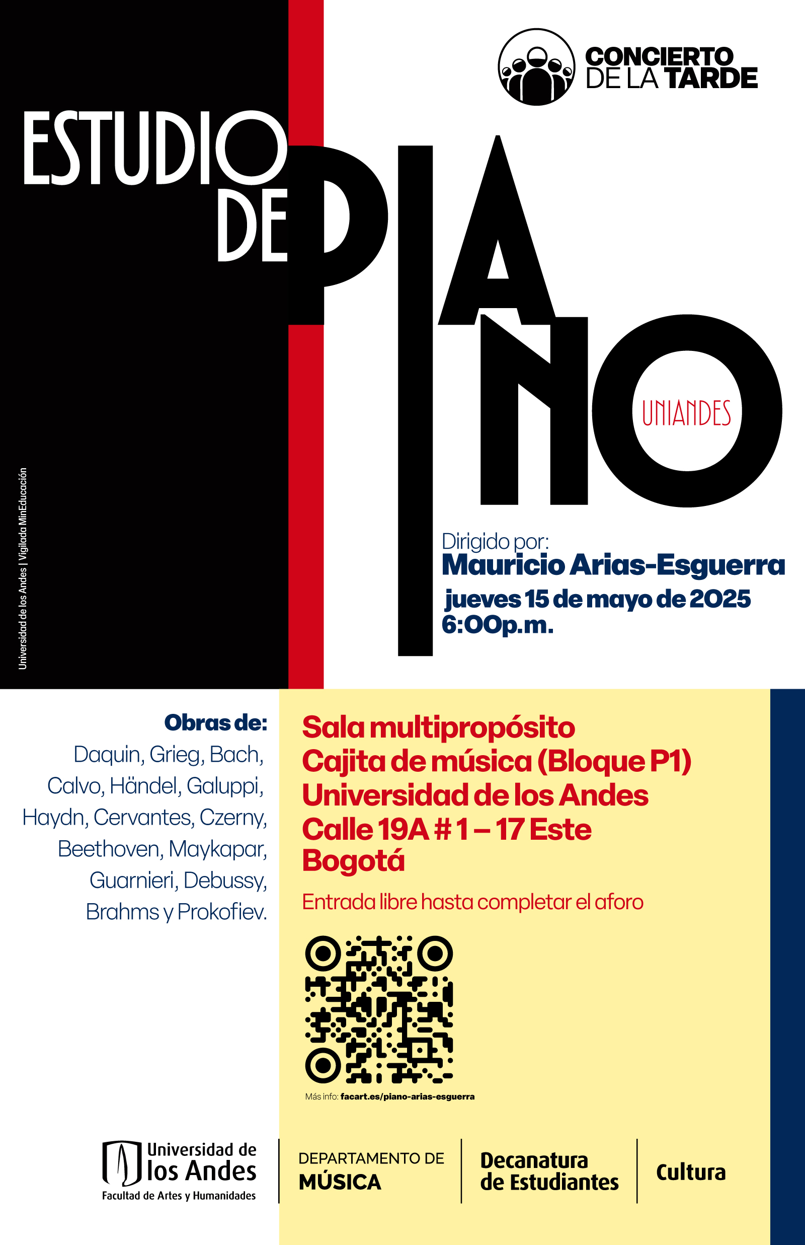 Concierto de la Tarde: Estudio de Piano Uniandes, jueves 15 de mayo de 2025 a las 6:00 p.m. en la Cajita de música, Universidad de los Andes