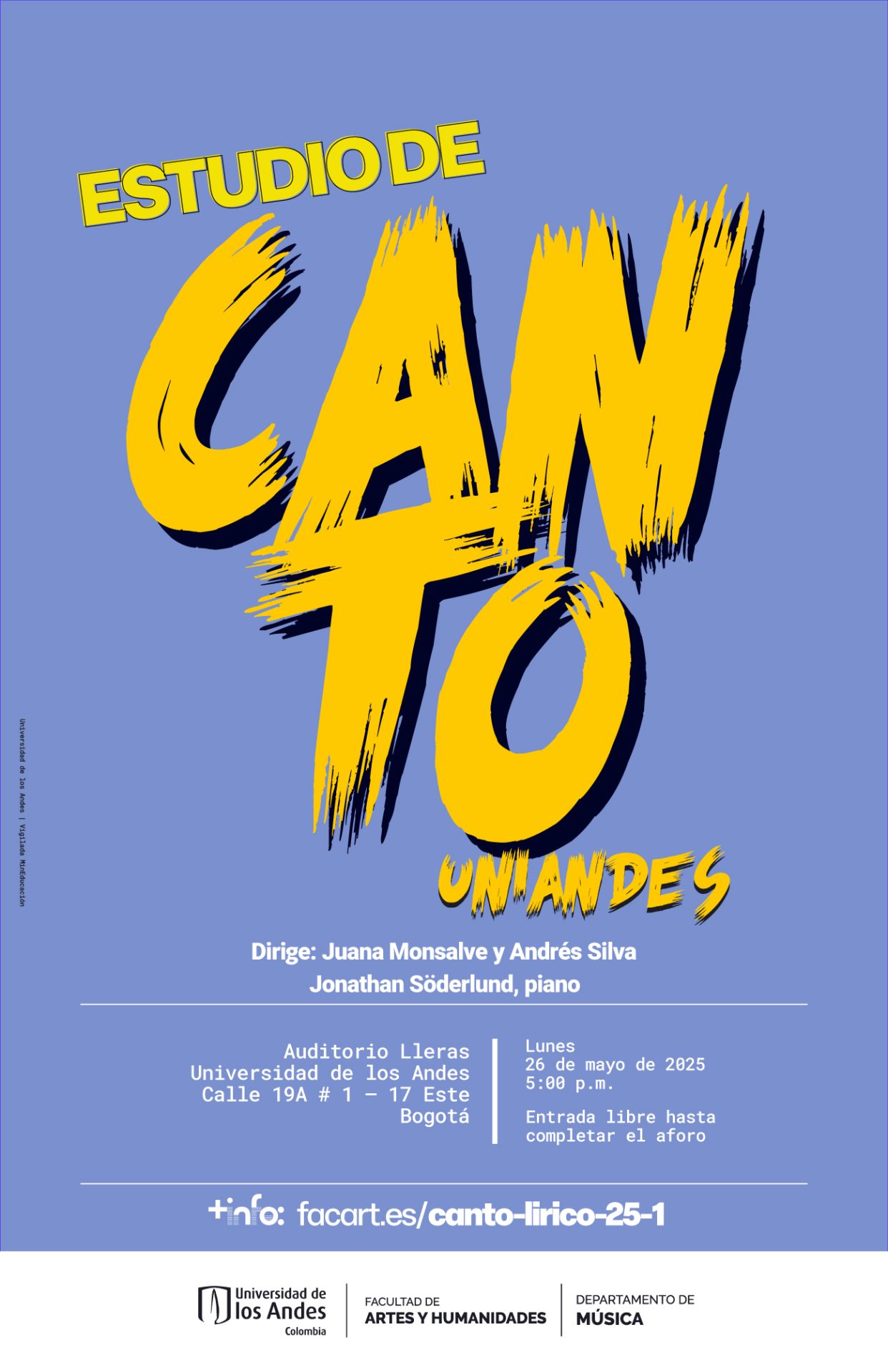 Estudio de Canto Uniandes en 2025-1: próximo lunes 26 de mayo de 2025 en el Auditorio Lleras, Universidad de los Andes