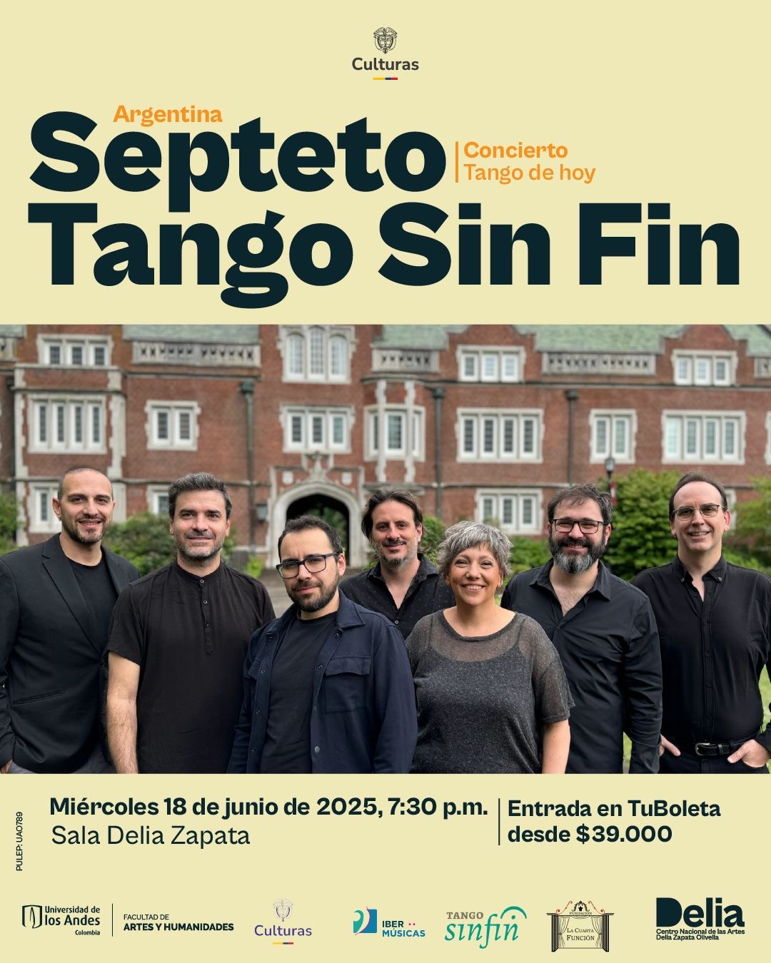 Concierto Tango de hoy: Septeto Tango Sin Fin, próximo miércoles 18 de junio de 2025 a las 7:30 p.m. en la Sala Delia Zapata