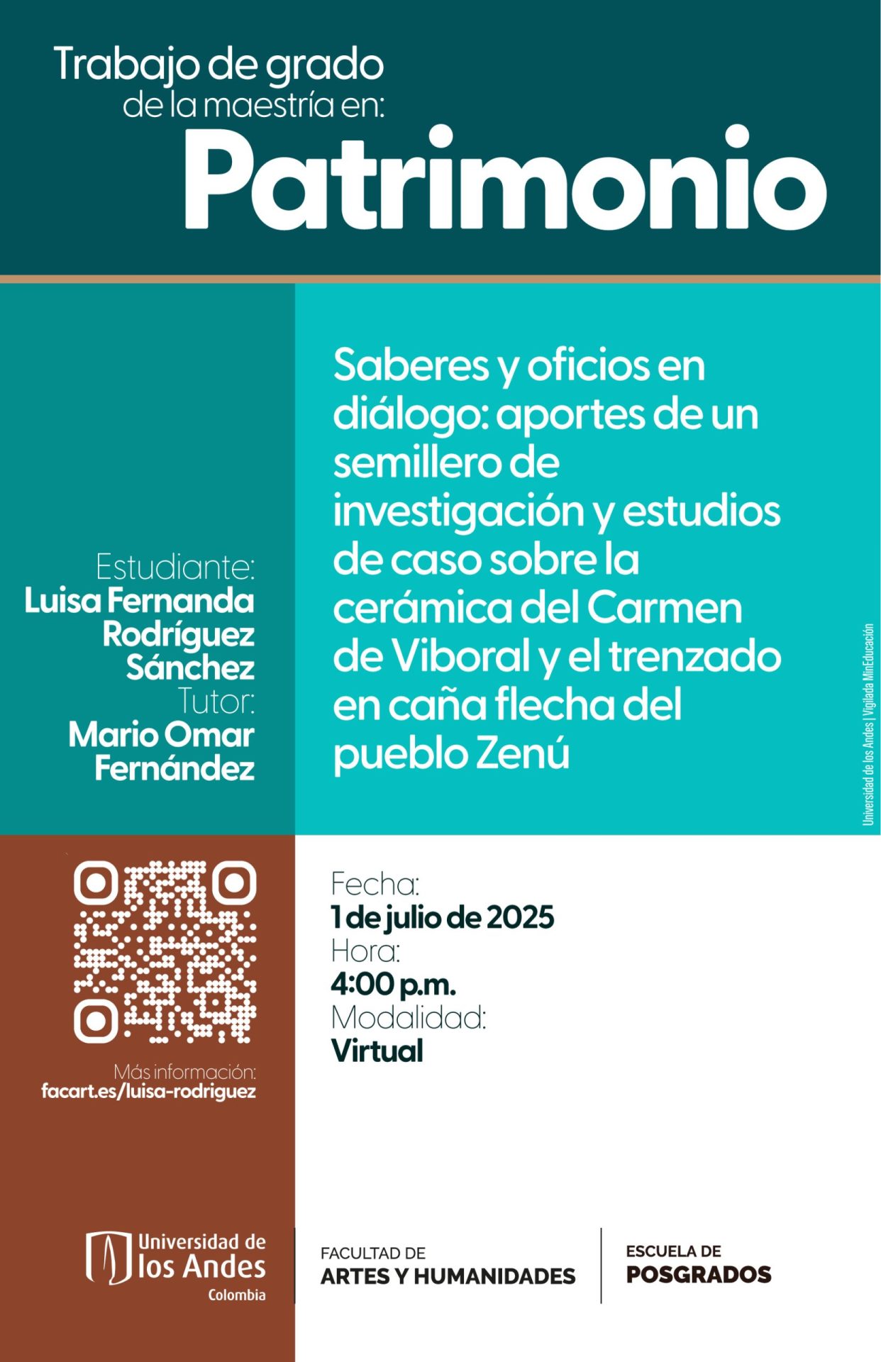 Esta práctica de profundización tuvo como propósito principal  generar contenido para contribuir a la actualización y visibilización del patrimonio cultural inmaterial en el sitio web de la Lista Representativa del Patrimonio Cultural Inmaterial de la Nación que ha venido desarrollando la Facultad de Artes y Humanidades. El proyecto se dividió en dos componentes: la coordinación de un semillero de investigación con estudiantes de pregrado y posgrado, y un trabajo de campo financiado por el Centro de Investigación y Creación (CIC), que permitió documentar dos manifestaciones: la cerámica del Carmen de Viboral y el trenzado en caña flecha prácticas y conocimientos ancestrales artesanales de la identidad Zenú. Ambos procesos estuvieron guiados por preguntas de investigación, metodologías colaborativas y un acompañamiento académico constante, fortaleciendo el vínculo entre la práctica investigativa, la creación colectiva y la apropiación social del patrimonio.