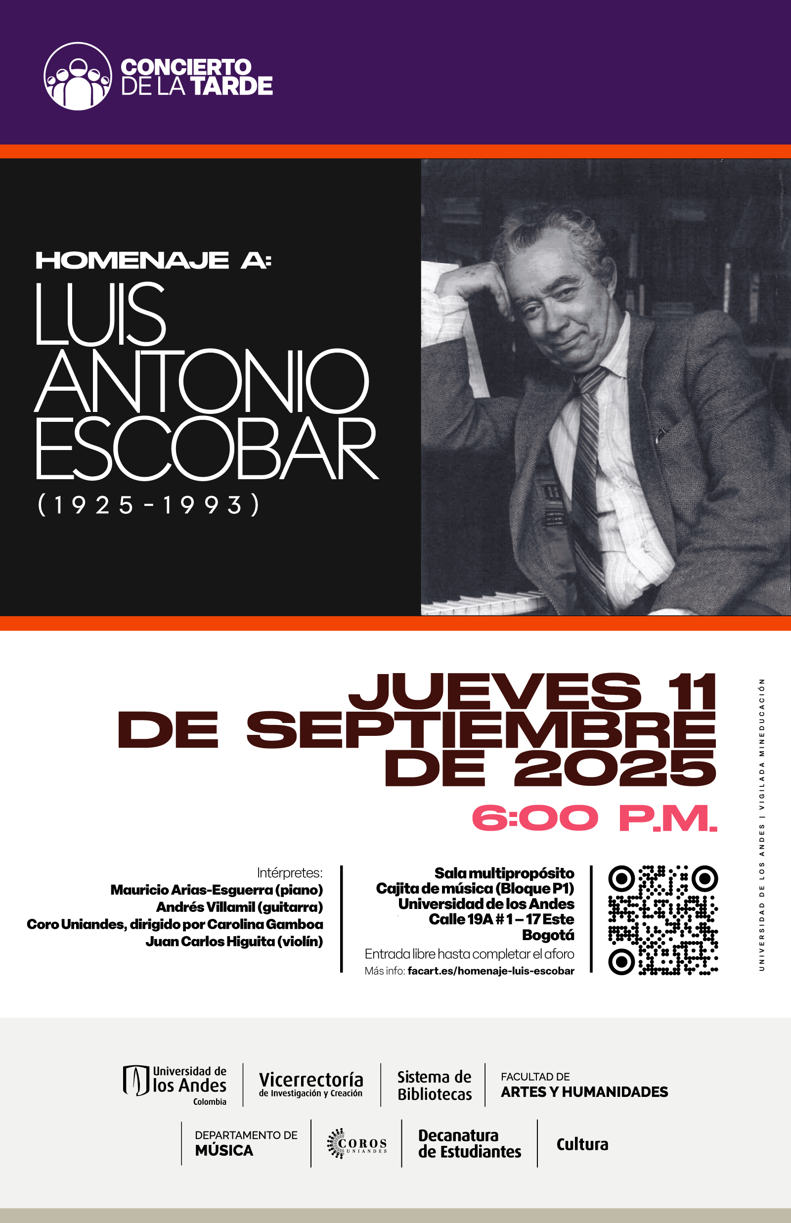 Concierto de la Tarde: Homenaje a Luis Antonio Escobar, jueves 11 de septiembre de 2025 a las 6:00 p.m. en la Universidad de los Andes