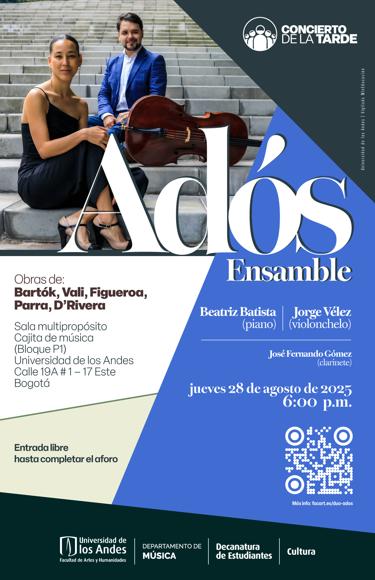 Concierto de la Tarde: Adós Ensamble (piano y violonchelo), jueves 28 de agosto de 2025 a las 6:00 p.m. en la Universidad de los Andes