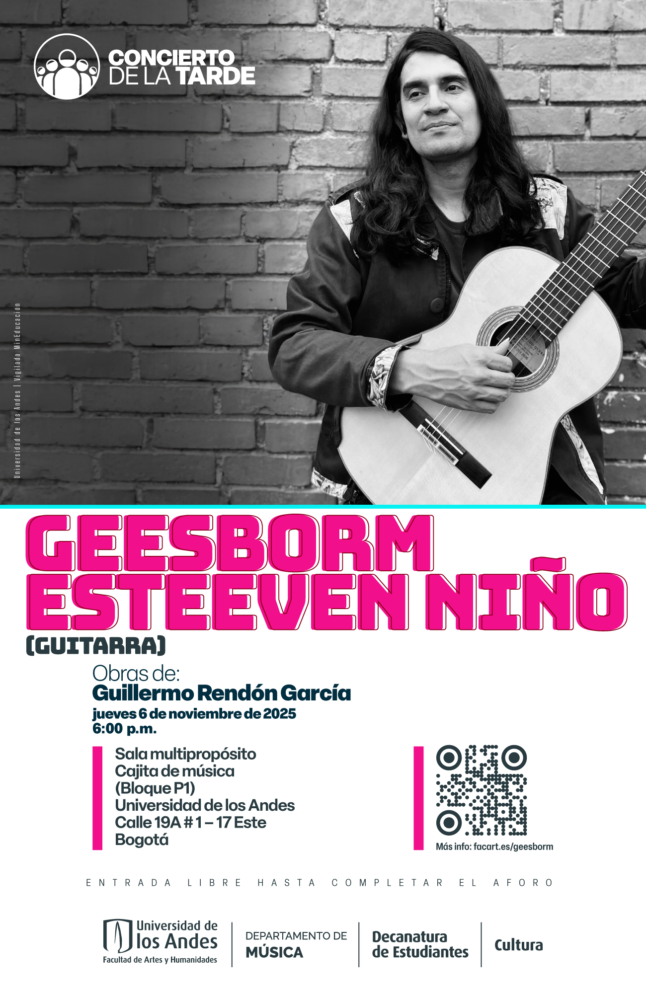 Concierto de la Tarde: Geesborm Esteeven Niño (guitarra), jueves 6 de noviembre de 2025 a las 6:00 p.m. en la Universidad de los Andes