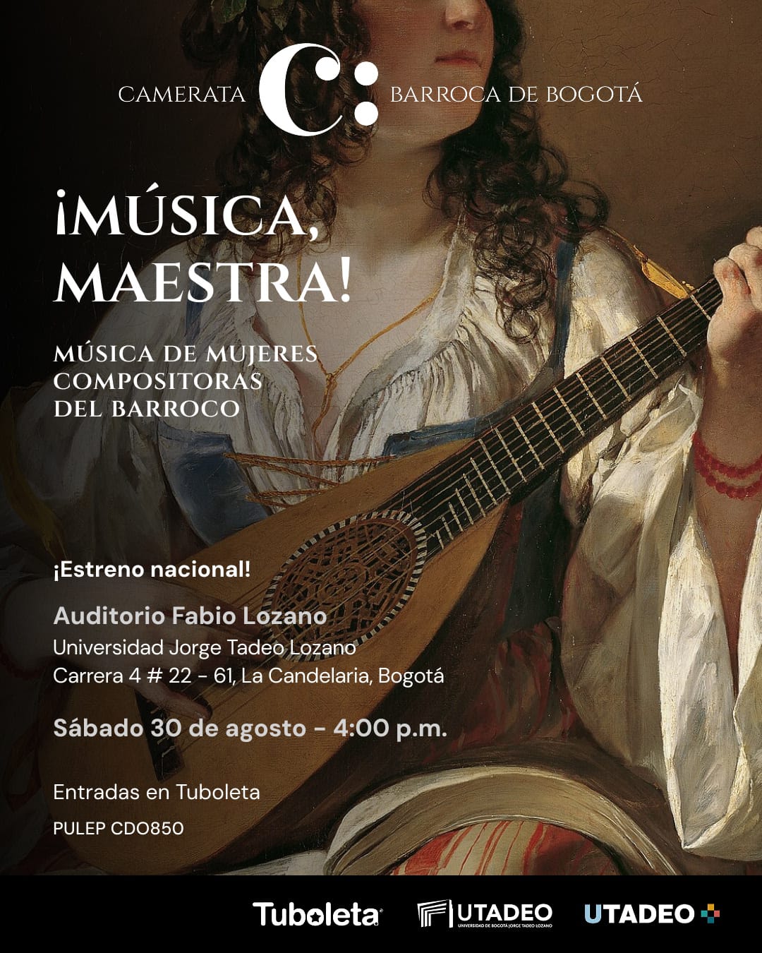 ¡Música Maestra! Mujeres compositoras del Barroco, próximo sábado 30 de agosto de 2025 a las 4:00 p.m. en el Auditorio Fabio Lozano