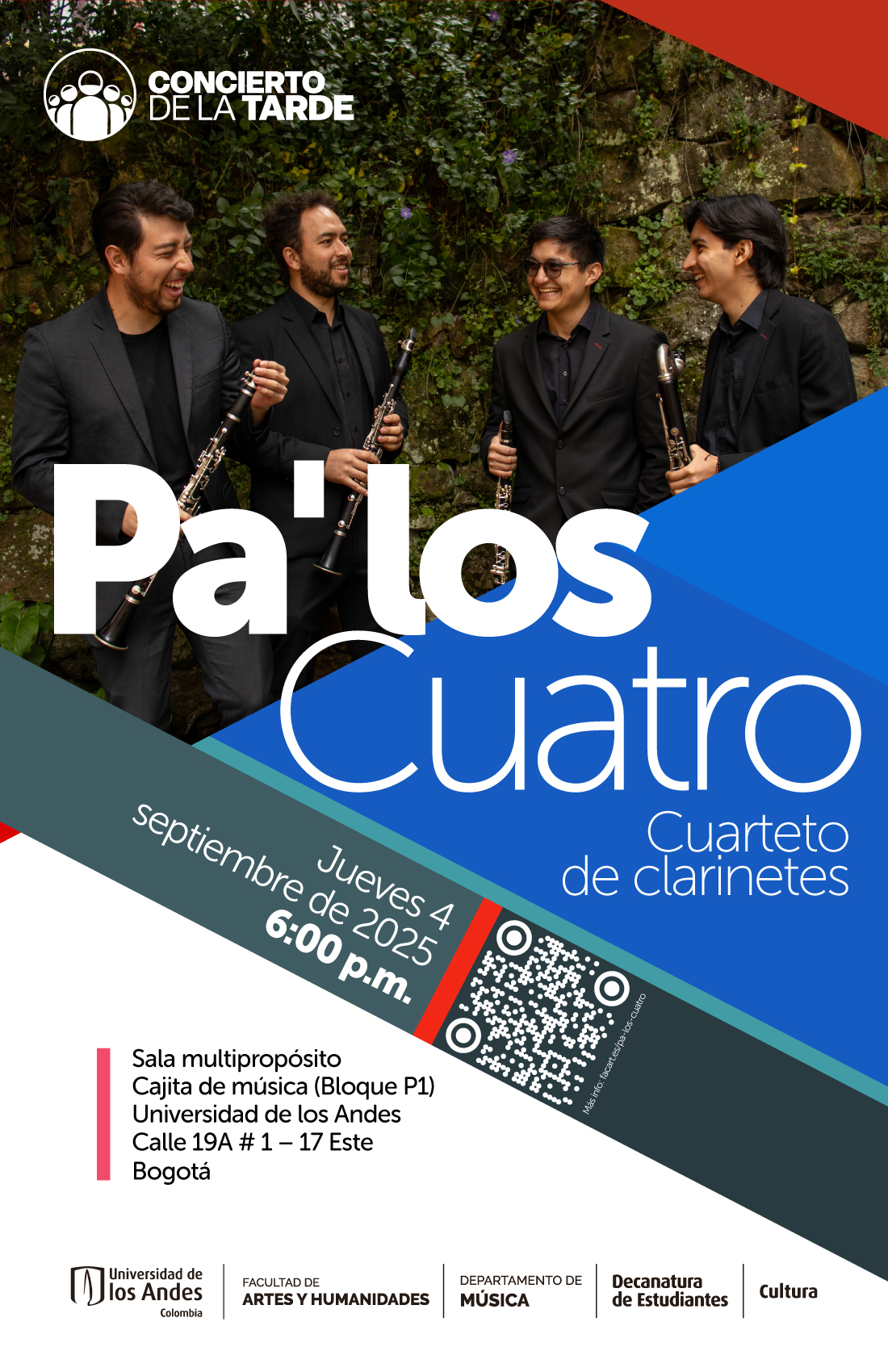 Concierto de la Tarde: Cuarteto de Clarinetes, jueves 4 de septiembre de 2025 a las 6:00 p.m. en la Universidad de los Andes