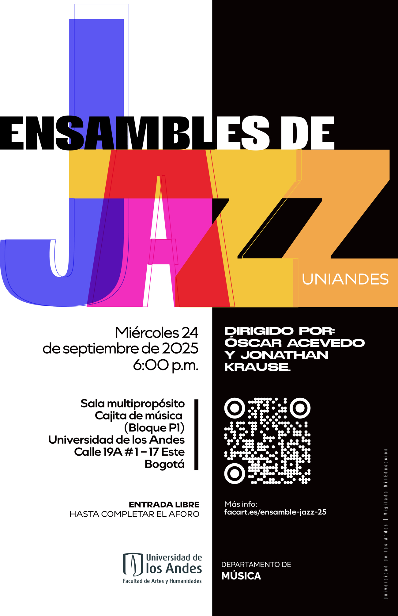 Concierto de los Ensamble de Jazz Uniandes, próximo miércoles 24 de septiembre de 2025 a las 6:00 p.m. en la Universidad de los Andes
