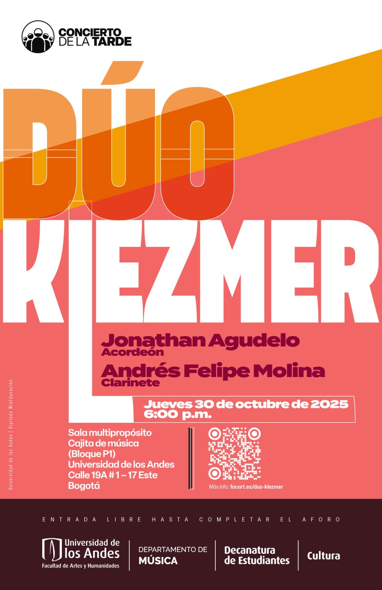 Concierto de la Tarde: Dúo Klezmer (acordeón y clarinete), jueves 30 de octubre de 2025 a las 6:00 p.m. en la Universidad de los Andes