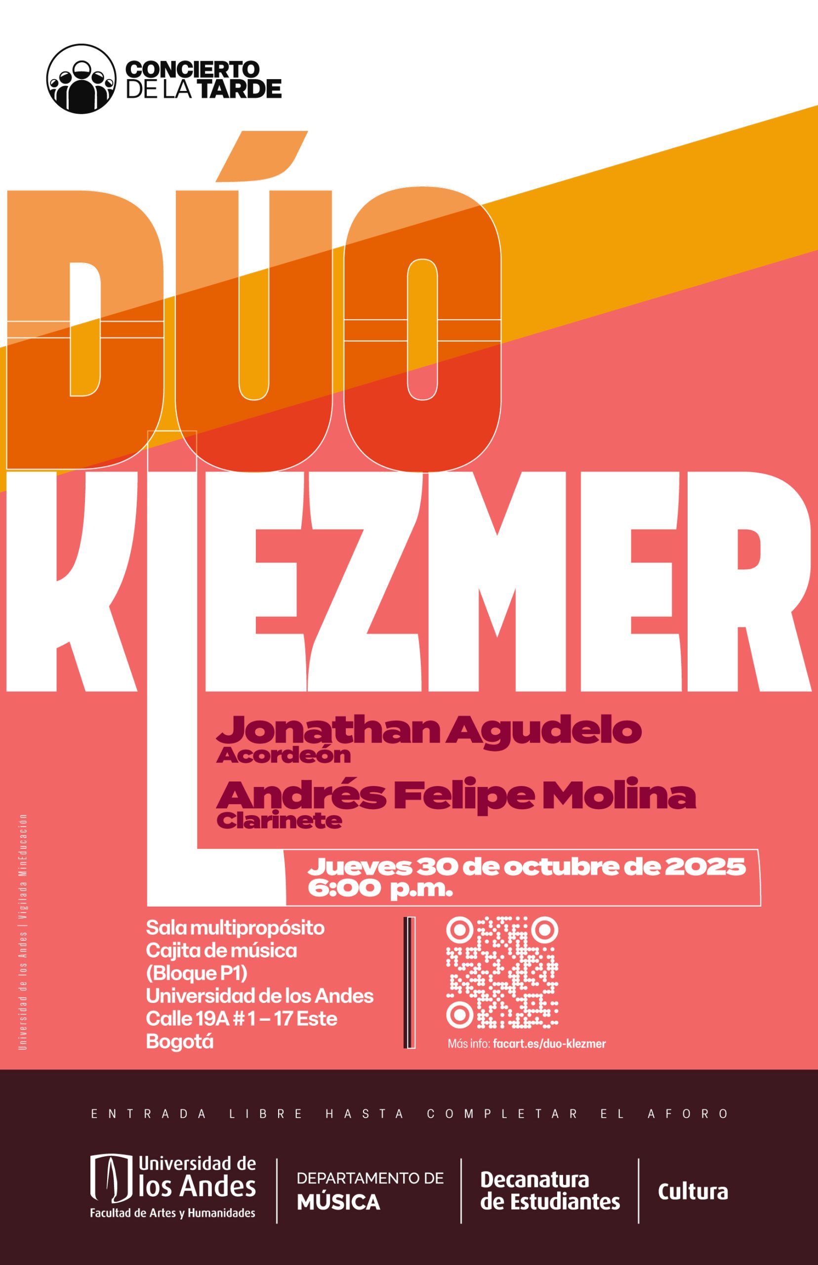 Concierto de la Tarde: Dúo Klezmer (acordeón y clarinete), jueves 30 de octubre de 2025 a las 6:00 p.m. en la Universidad de los Andes