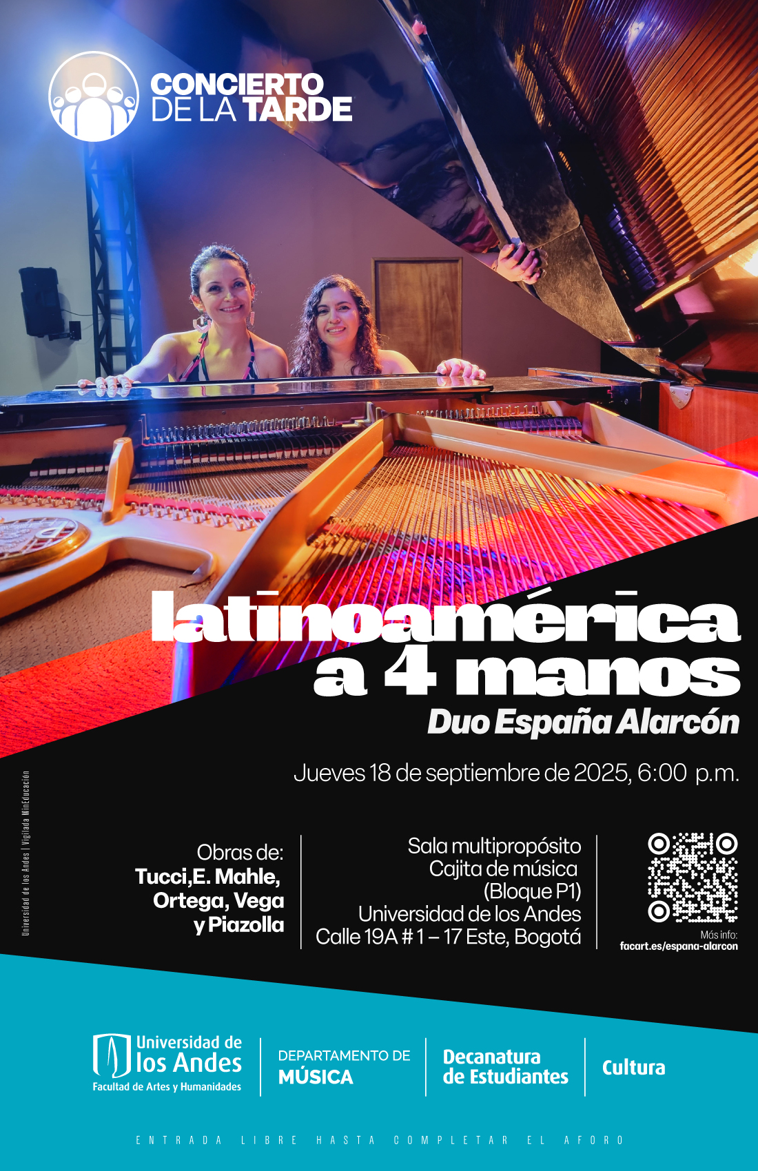 Concierto de la Tarde: Latinoamérica a 4 manos - Duo España Alarcón, jueves 18 de septiembre a las 6:00 p.m. en la Cajita de música, Universidad de los Andes