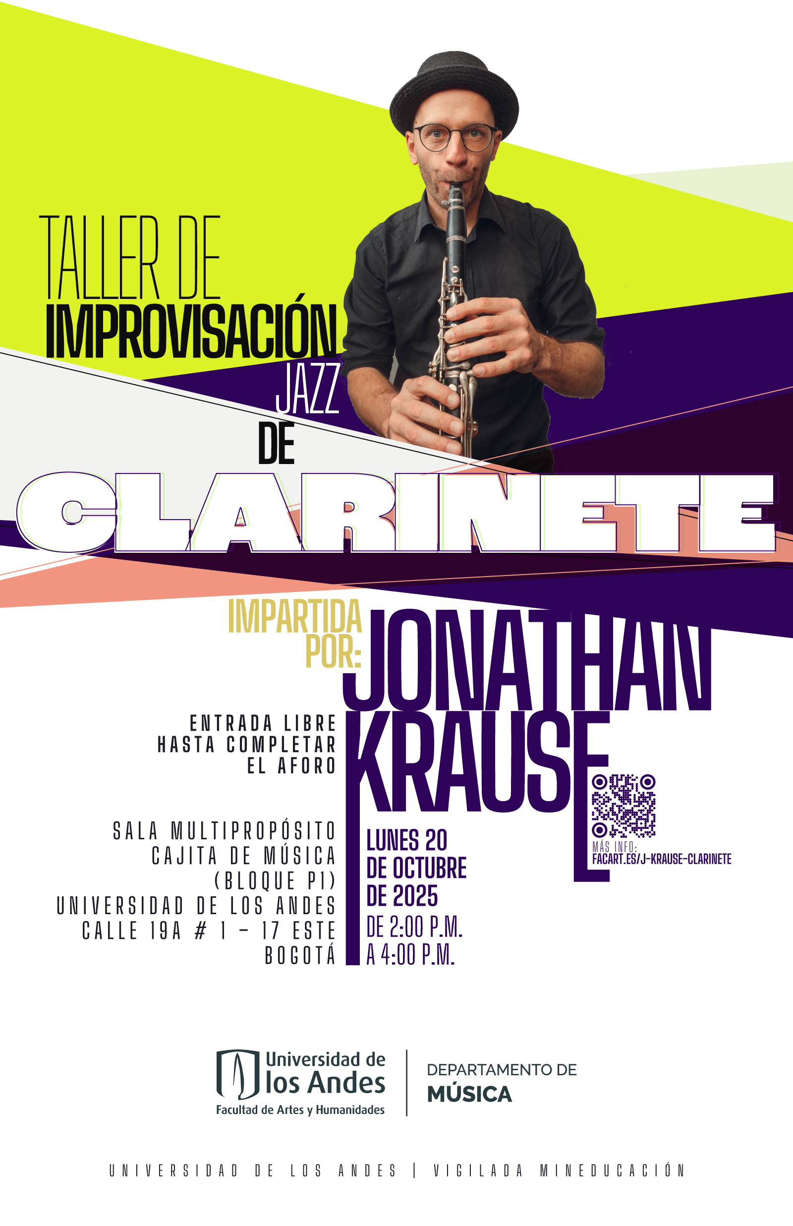 Taller de improvisación jazz de clarinete por Jonathan Krause, lunes 20 de septiembre de 2025 a las 2:00 p.m. en la Universidad de los Andes