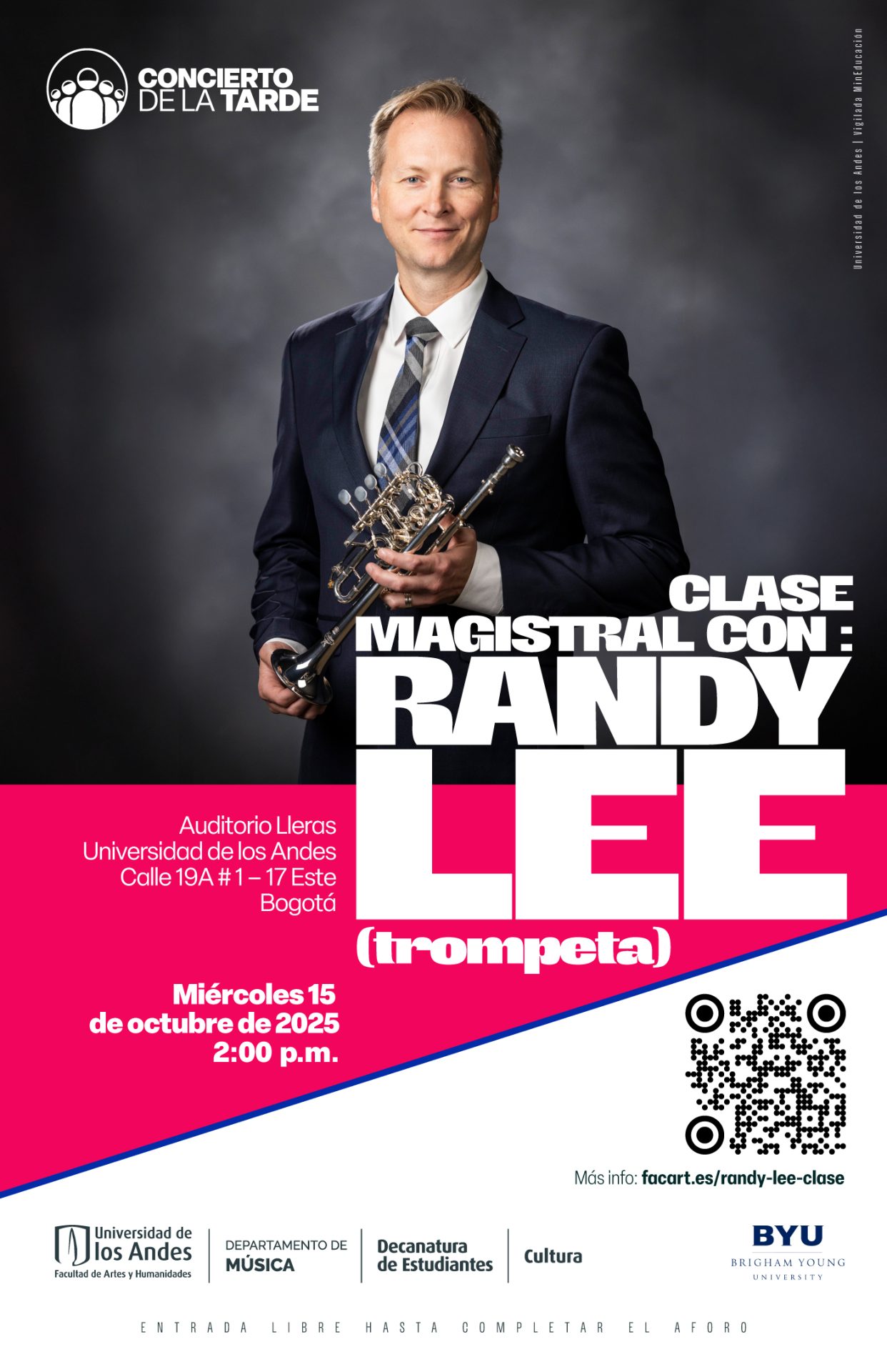 Clase magistral con Randy Lee (trompeta): miércoles 15 de octubre de 2025 a las 2:00 p.m. en el Auditorio Lleras, Universidad de los Andes