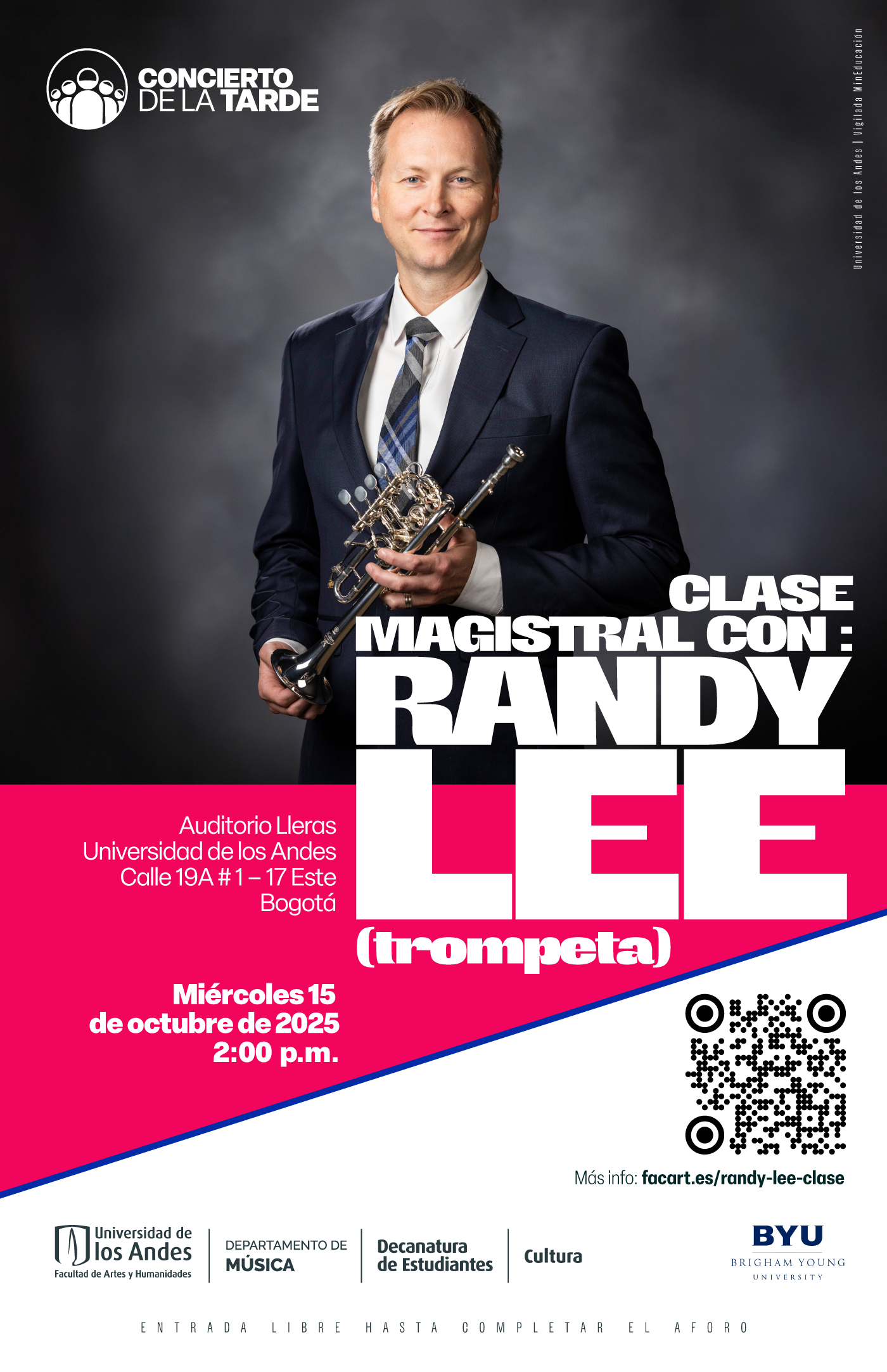 Clase magistral con Randy Lee (trompeta): miércoles 15 de octubre de 2025 a las 2:00 p.m. en el Auditorio Lleras, Universidad de los Andes