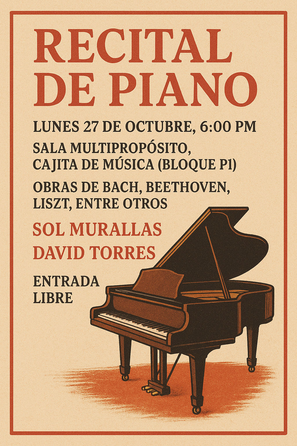 tConcierto de piano de Sol Mullaras y David Torres: lunes 27 de octubre de 2025 en la Cajita de música (Bloque P1), Universidad de los Andes