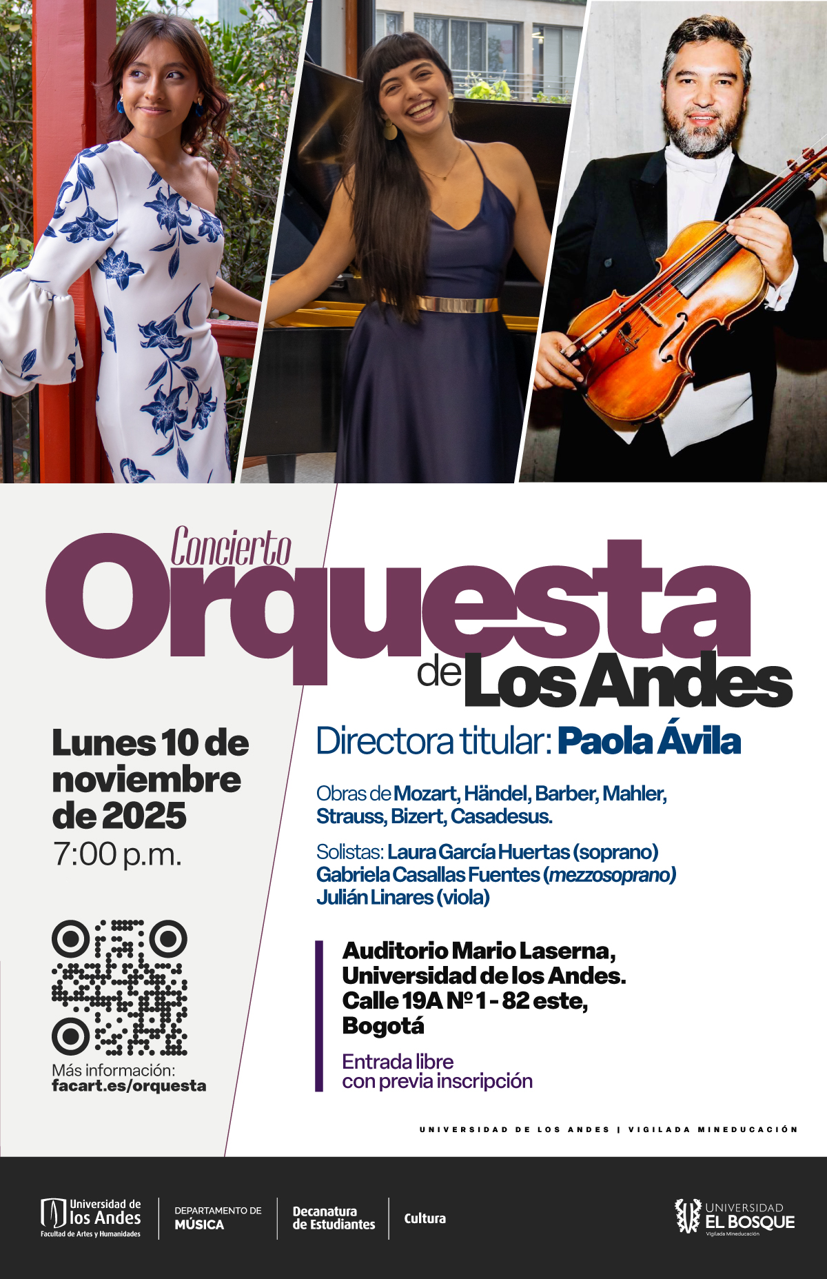 Tercer concierto de la Orquesta de Los Andes en 2025-2, lunes 10 de noviembre de 2025 a las 7:00 p.m. en el Auditorio Mario Laserna