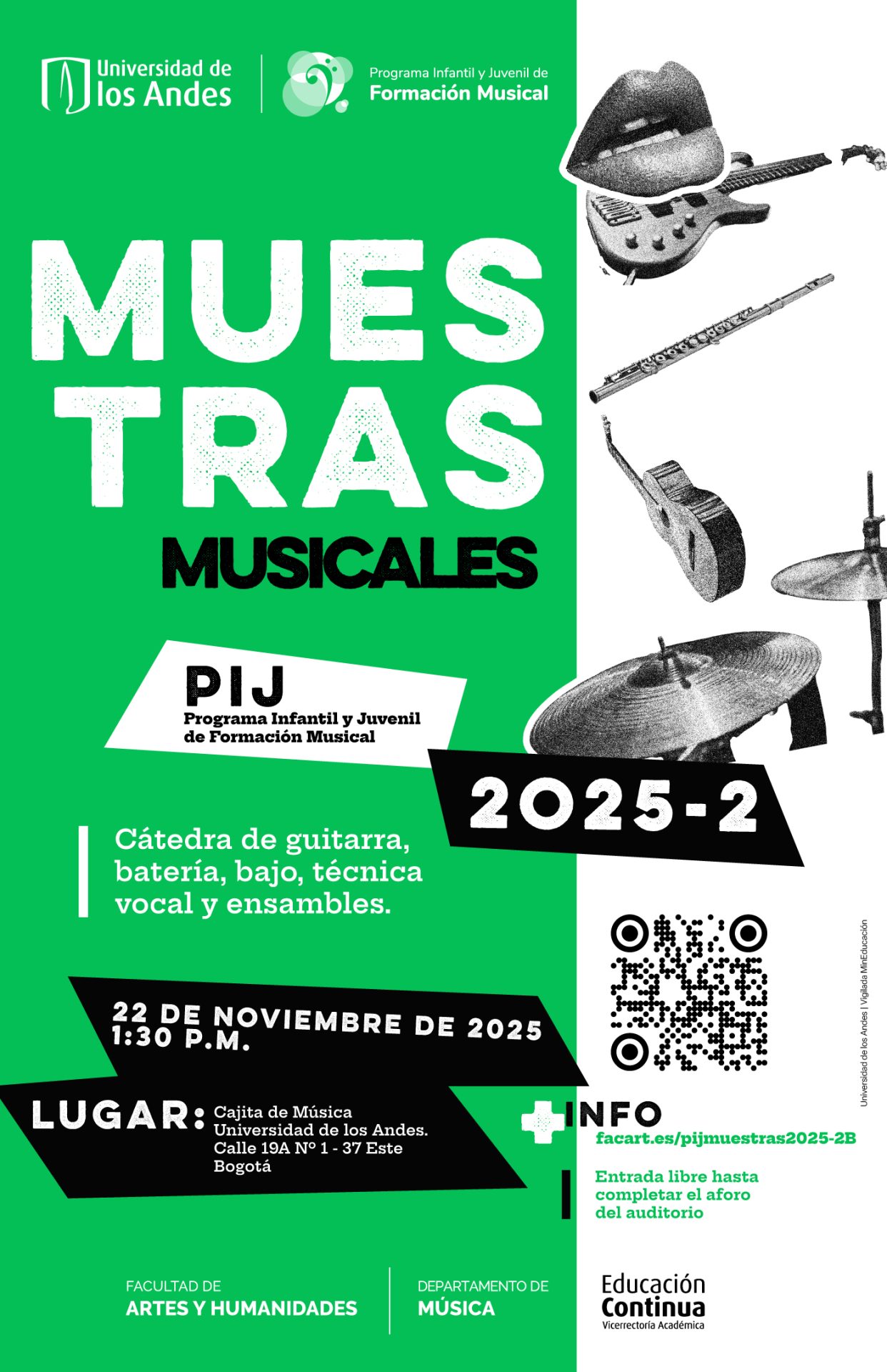 Muestras musicales del PIJ: ensambles, batería, bajo, técnica vocal y ensambles, sábado 22 de noviembre de 2025 a la 1:30 p.m.