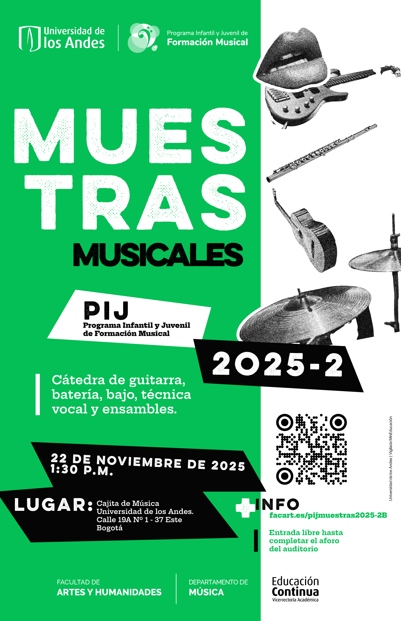 Muestras musicales del PIJ: ensambles, batería, bajo, técnica vocal y ensambles, sábado 22 de noviembre de 2025 a la 1:30 p.m.
