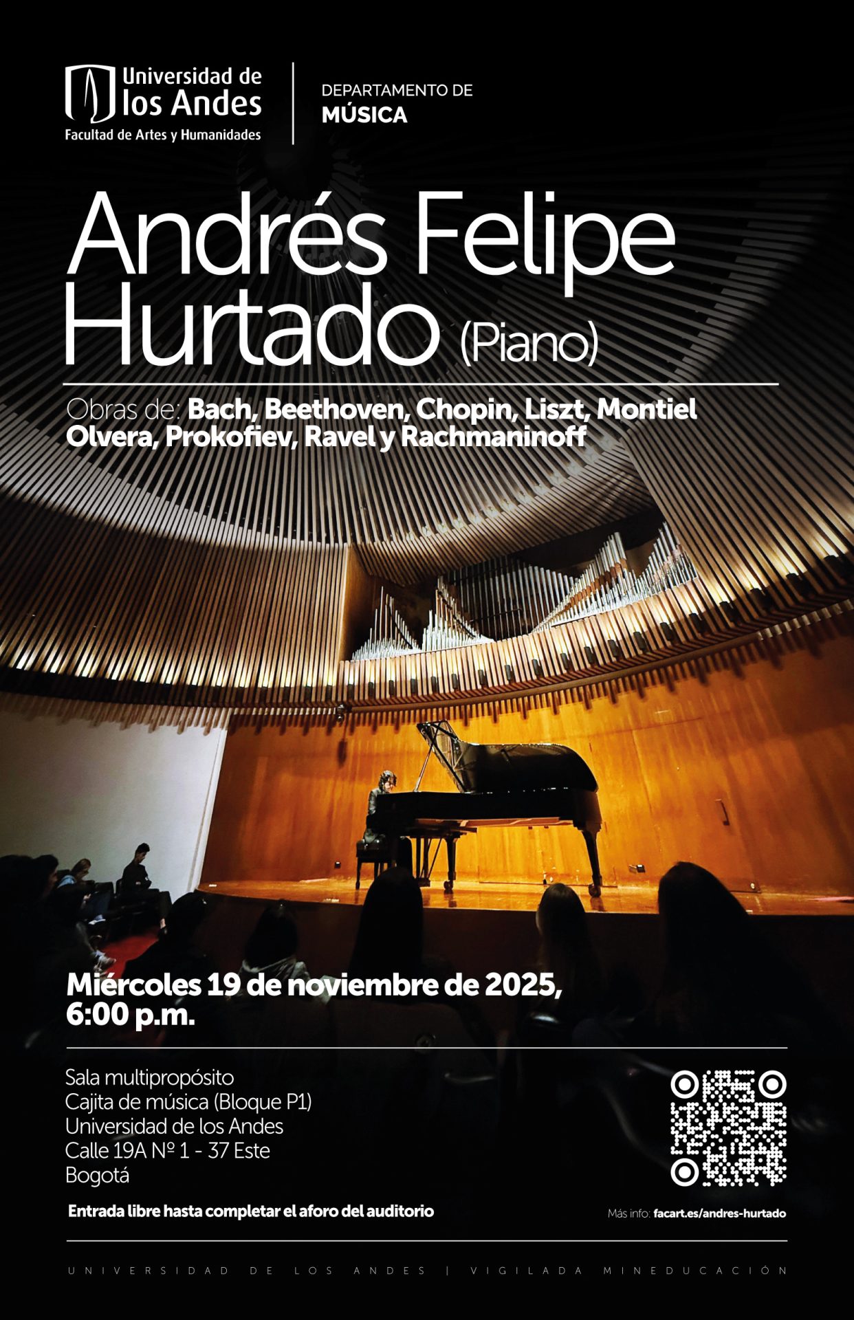 Recital de Andrés Felipe Hurtado (piano): miércoles 19 de noviembre de 2025 a las 6:00 p.m. en la Cajita de música, Universidad de los Andes