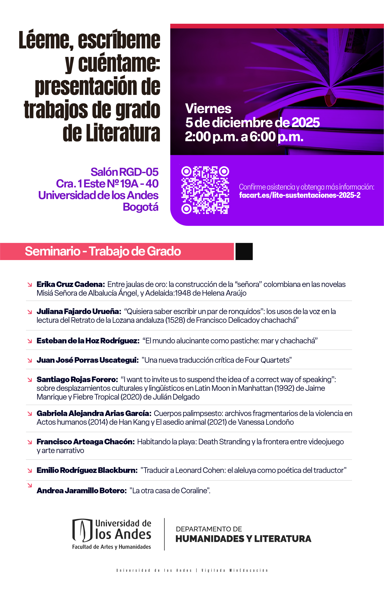 Léeme, escribeme y cuéntame: presentación de trabajos de grado de Literatura 2025-2 Léeme, escribeme y cuéntame: presentación de trabajos de grado de Literatura 2025-2
